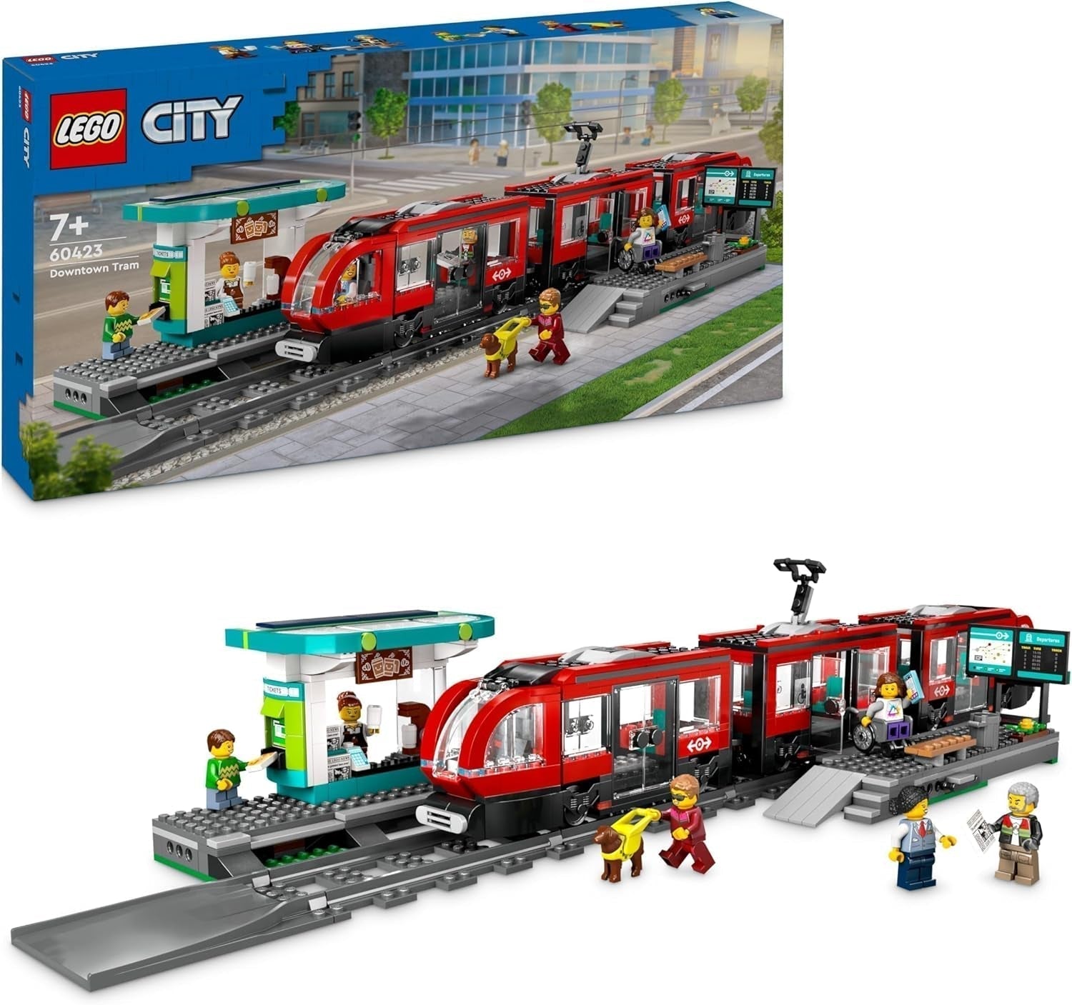 LEGO City tramvaj se stanicí, nápad na dárek pro fanoušky autíček od 7 let, se 6 minifigurkami a vodicím psem pro hraní rolí, stavebnice 60423 Stavebnice Besuche den LEGO-Store Výchozí název
