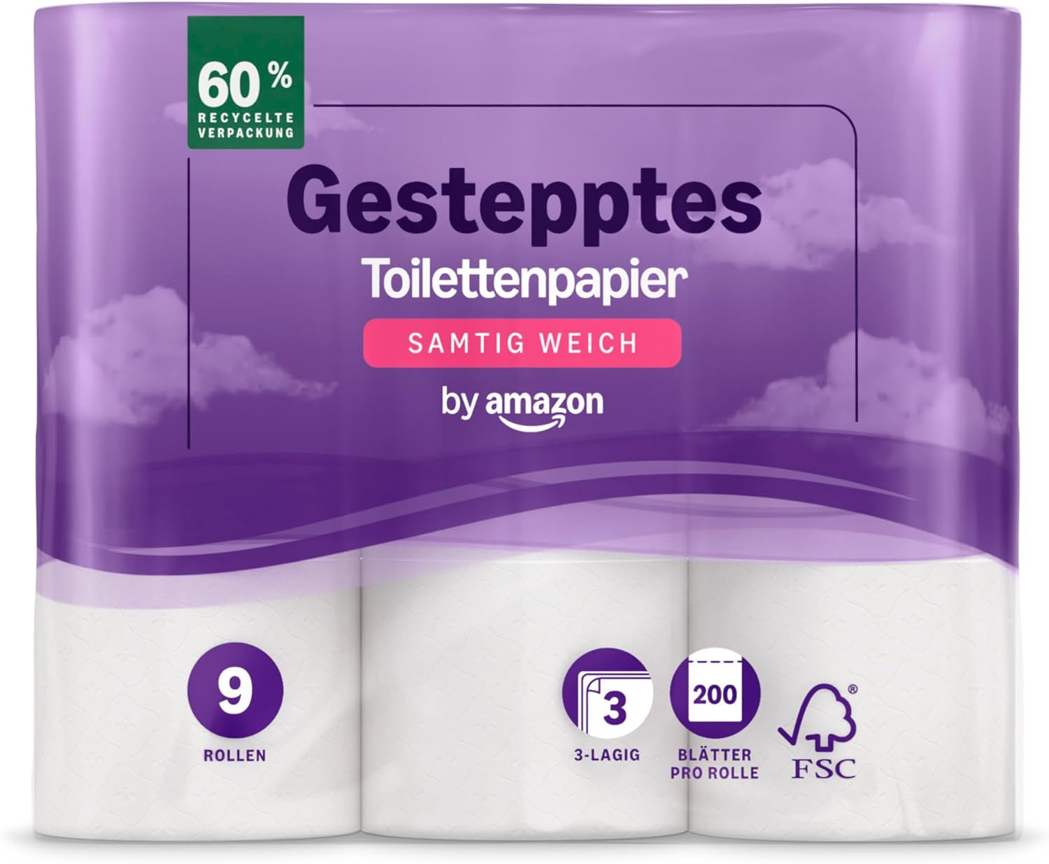 Toaletní papír Amazon, 3vrstvý prošívaný, sametově měkký, 36 rolí (9 rolí, balení po 4), 200 listů na roli, certifikováno Fsc