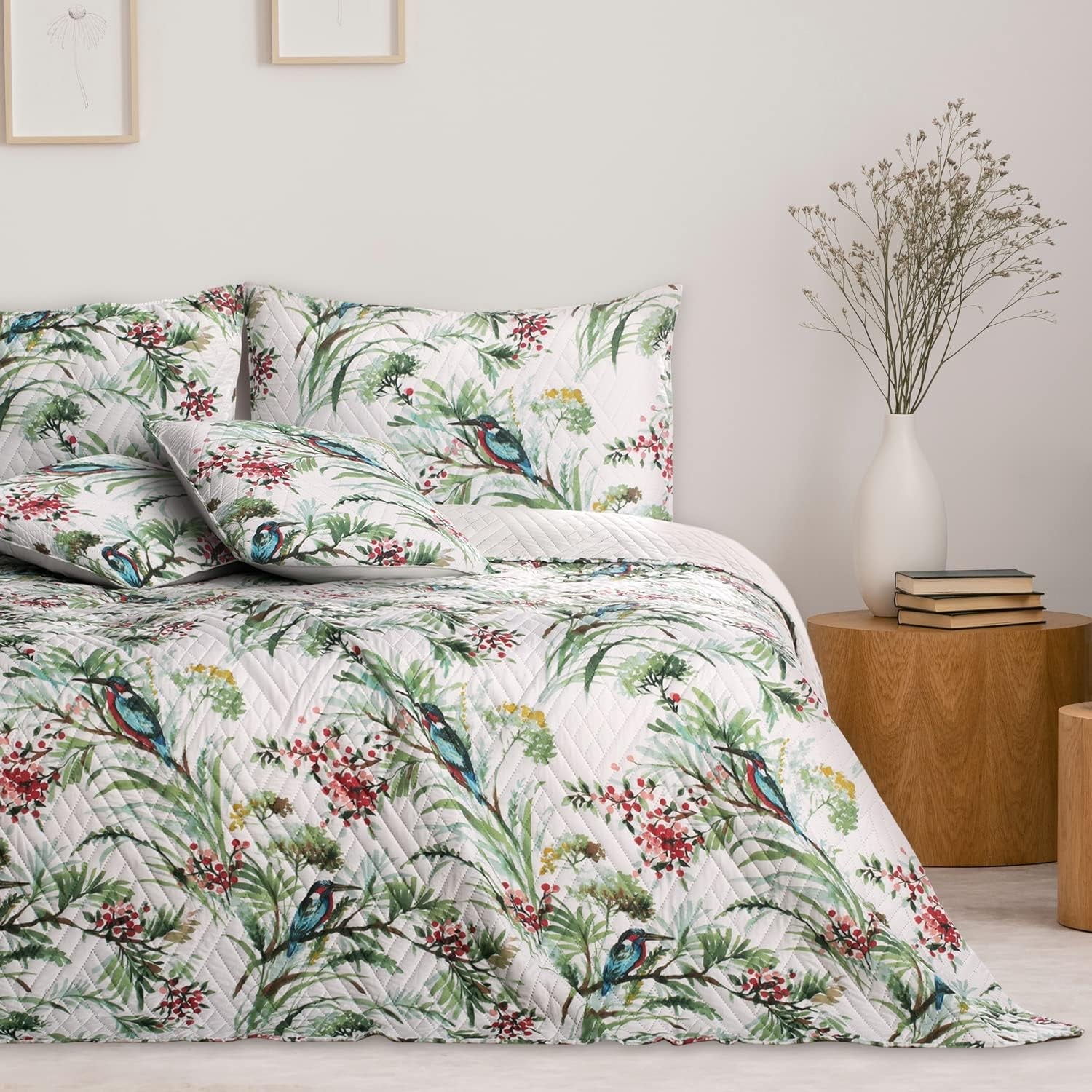 Ameliahome Přehoz přes postel Přehoz na postel 260X280 Cm Oboustranný Snadná údržba Vzor prošívané rostliny Vzor ptáků Vícebarevné Postele a přikrývky Ledňáček Besuche den AmeliaHome-Store