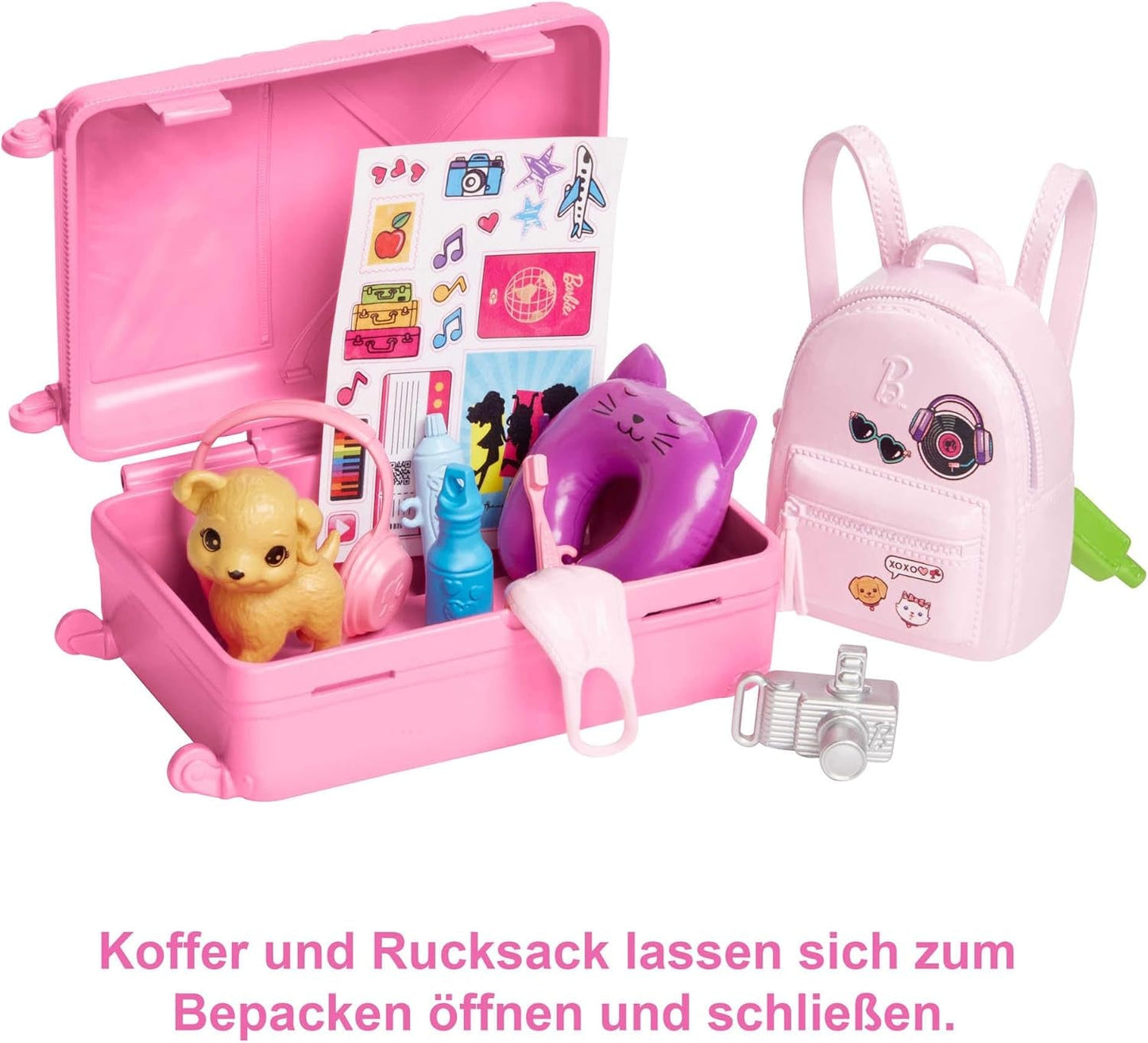 Panenka Barbie, Cestovní Barbie s blond vlasy, 10+ Cestovní doplňky, Nálepky, Kufr, Štěně, Obsahuje 1 panenku, Dárek pro děti, Hračka od 3 let, HJY18
