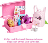 Panenka Barbie, Cestovní Barbie s blond vlasy, 10+ Cestovní doplňky, Nálepky, Kufr, Štěně, Obsahuje 1 panenku, Dárek pro děti, Hračka od 3 let, HJY18