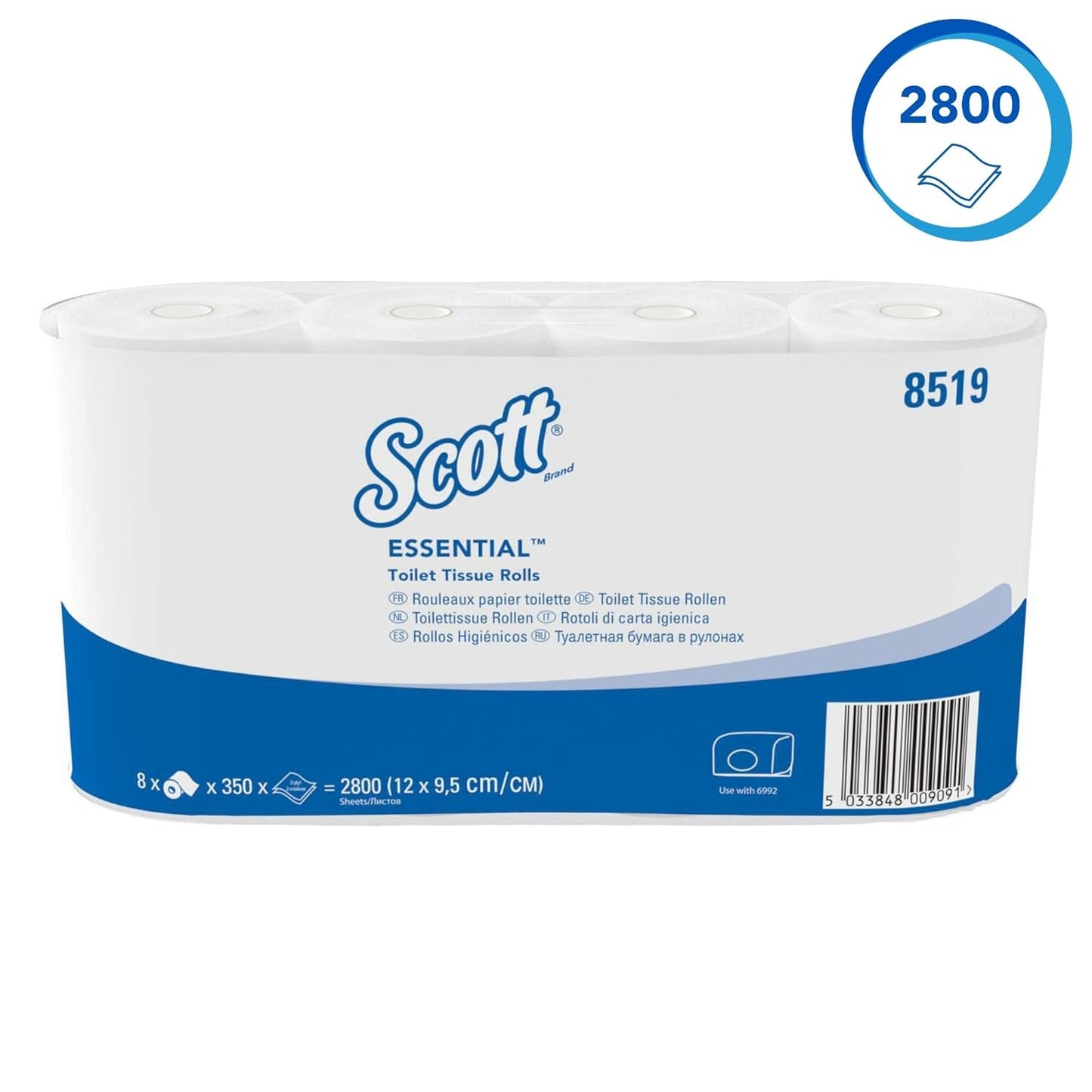 Toaletní papír Scott® Essentialtm 8519 2vrstvý bílý toaletní papír z recyklovaných vláken s certifikací Fsc 64 rolí X 350 listů (celkem 22 400 listů)