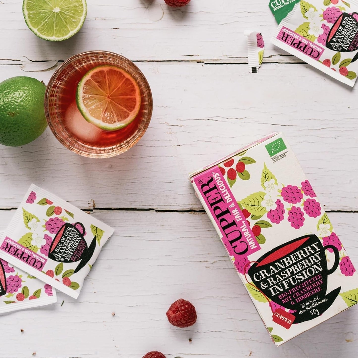 4Er Pack CUPPER Organický ovocný čaj "Cranberry & Raspberry Infusion", 4X20 nebílé čajové sáčky, bio, fair trade