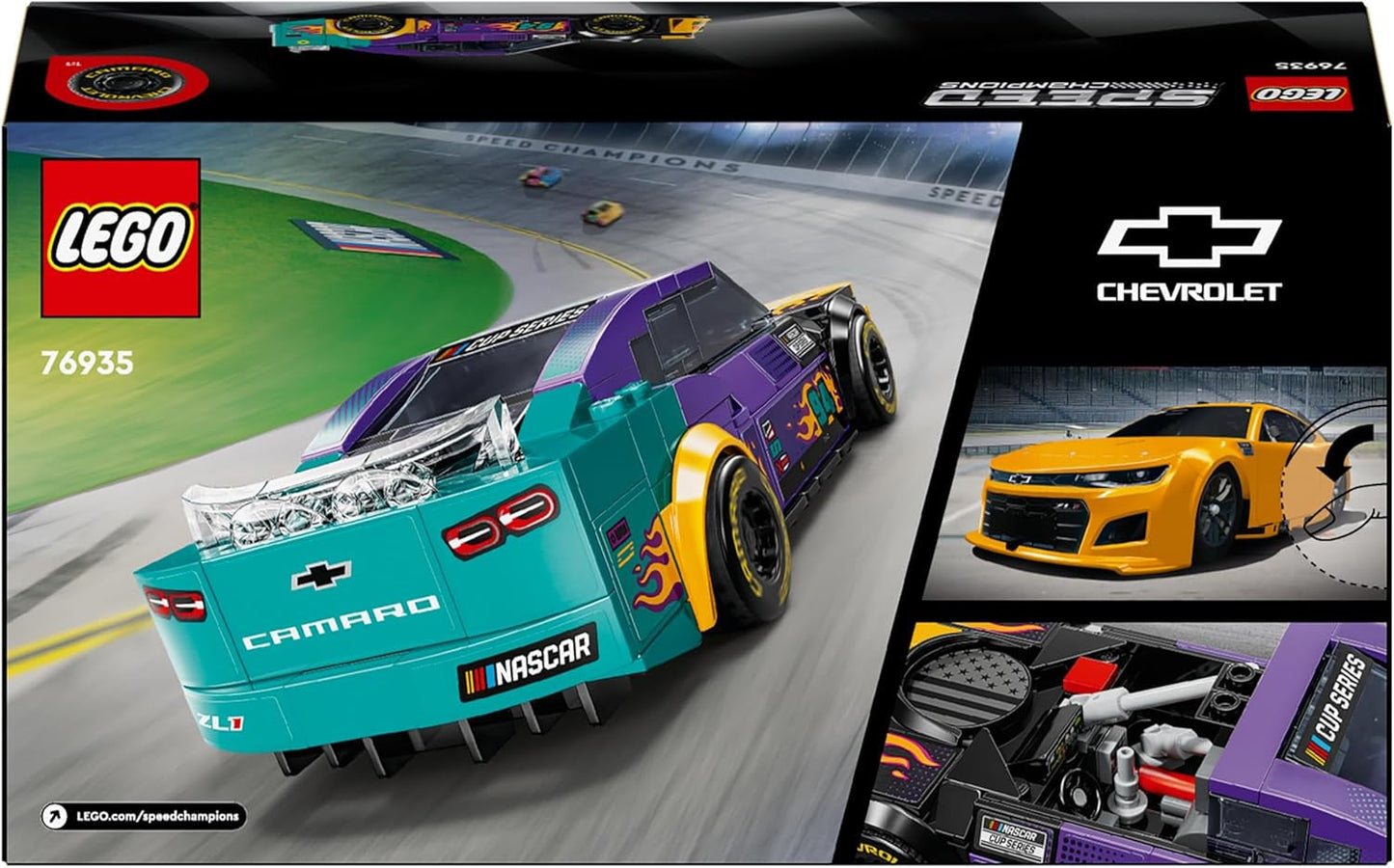 LEGO Speed Champions NASCAR Chevrolet Camaro ZL1 nové generace autíčko; Sada na stavbu a hraní závodního auta; Dárek pro chlapce a dívky od 9 let 76935 Stavebnice Besuche den LEGO-Store