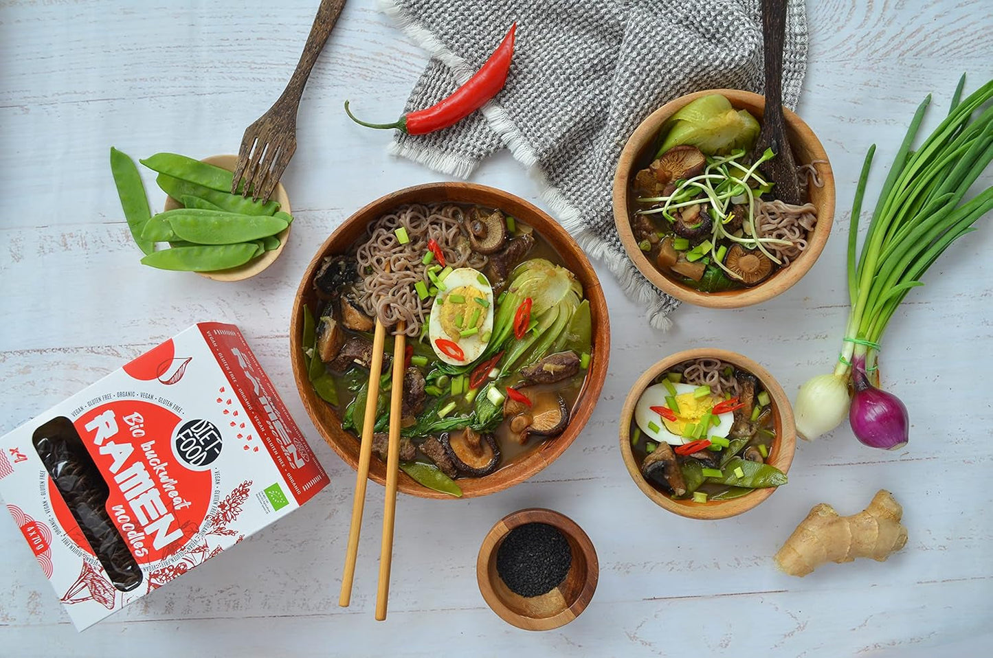 DIETNÍ POTRAVINY Bio pohankové nudle Ramen, vegetariánské a veganské jídlo, bez tuku, bez sóji, bez lepku, dietní nudle rozpustné ve vodě, nízkokalorické, 280 g