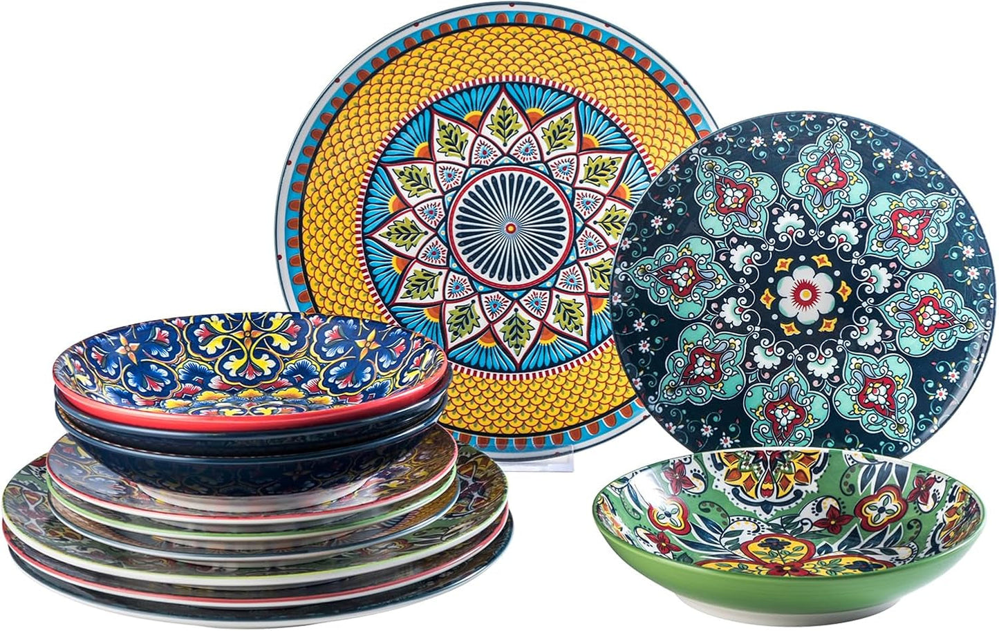 Porcelánová sada nádobí HENXFEN LEAD, 12dílná sada nádobí pro 4, sada barevného nádobí pro 4 – ručně malované talíře, dezertní talíře, polévkové talíře – bohémský styl