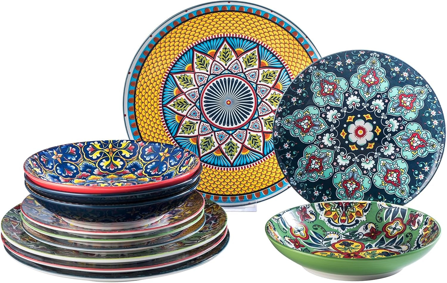 Porcelánová sada nádobí HENXFEN LEAD, 12dílná sada nádobí pro 4, sada barevného nádobí pro 4 – ručně malované talíře, dezertní talíře, polévkové talíře – bohémský styl