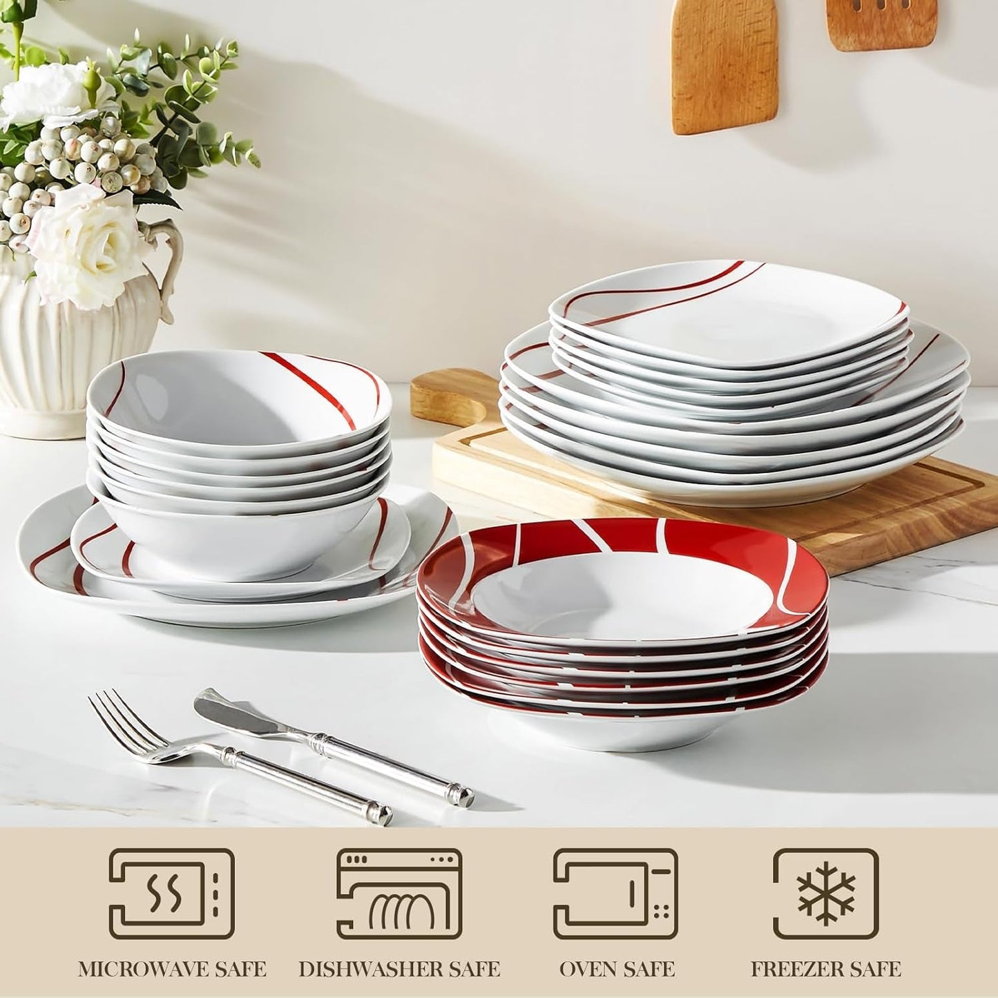 Sada nádobí MALACASA pro 6 kusů, sada porcelánového nádobí Felisa 24 kusů, moderní sada nádobí se 6 talíři, dezertními talíři, talíři a miskami Suma, ideální pro Vánoce a každodenní použití