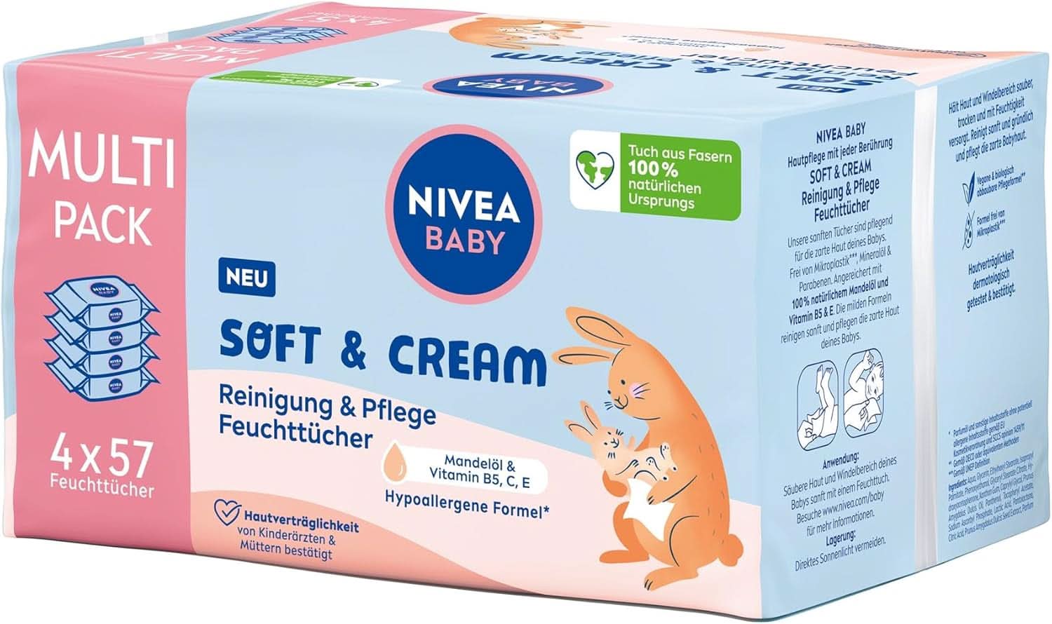 NIVEA BABY Soft & Cream Feuchttücher, Baby Feuchttücher Zur Sanften Reinigung Empfindlicher Babyhaut, Hypoalergen Feuchttücher Für Babies Mit Mandelöl Und Vitaminen (4 X 57 Stück) Naty Shop