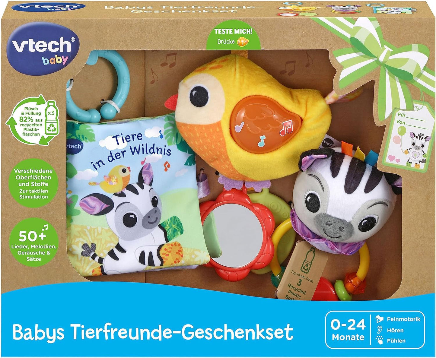 VTech Baby - Dárková sada Baby's Animal Friends - Sada hraček s látkovou knihou, Zpívajícím ptáčkem a Zebrou chrastítkem - Pro 0-24 měsíců Hračky pro miminka Naty Shop