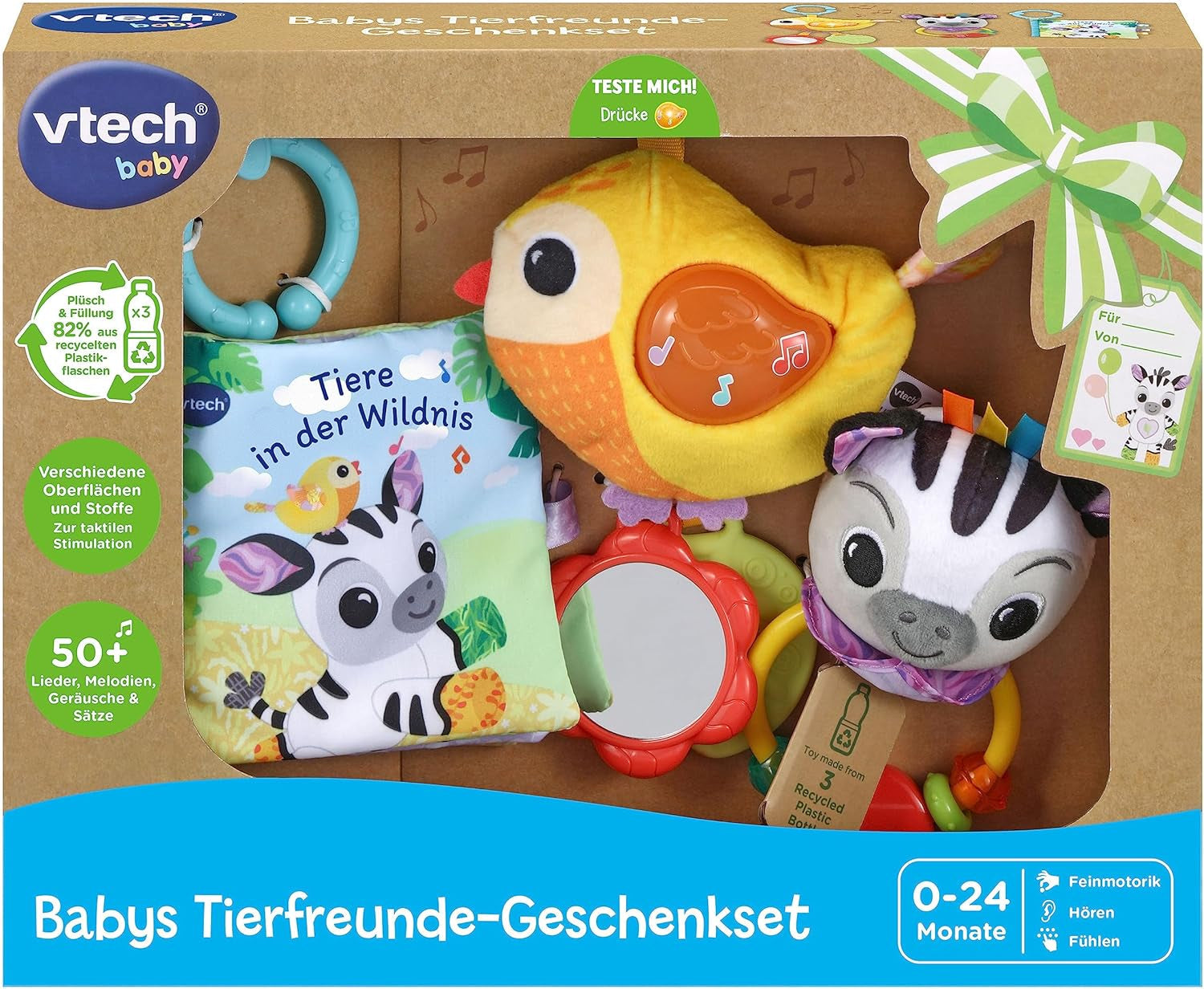 VTech Baby - Dárková sada Baby's Animal Friends - Sada hraček s látkovou knihou, Zpívajícím ptáčkem a Zebrou chrastítkem - Pro 0-24 měsíců Hračky pro miminka Naty Shop