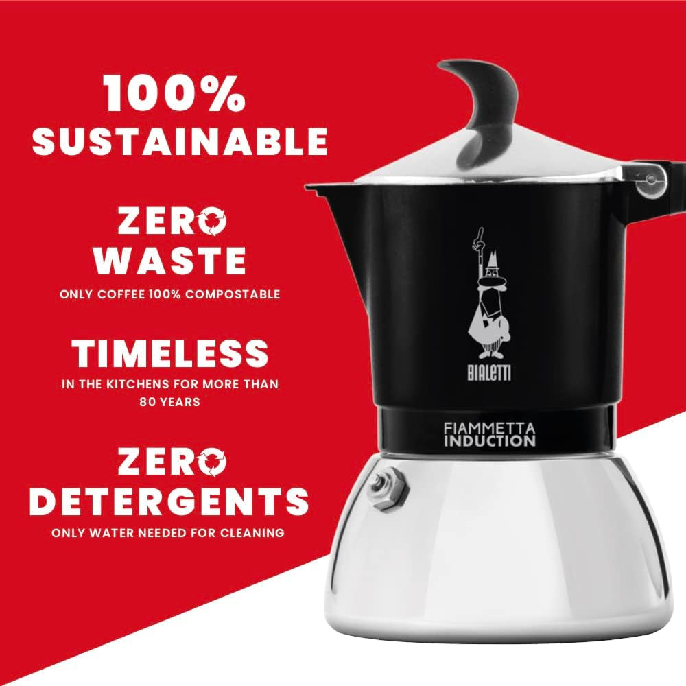 Indukční kávovar Bialetti Fiammetta, 2 šálky (100 ml), vhodný pro všechny typy varných desek, elegantní design, černá