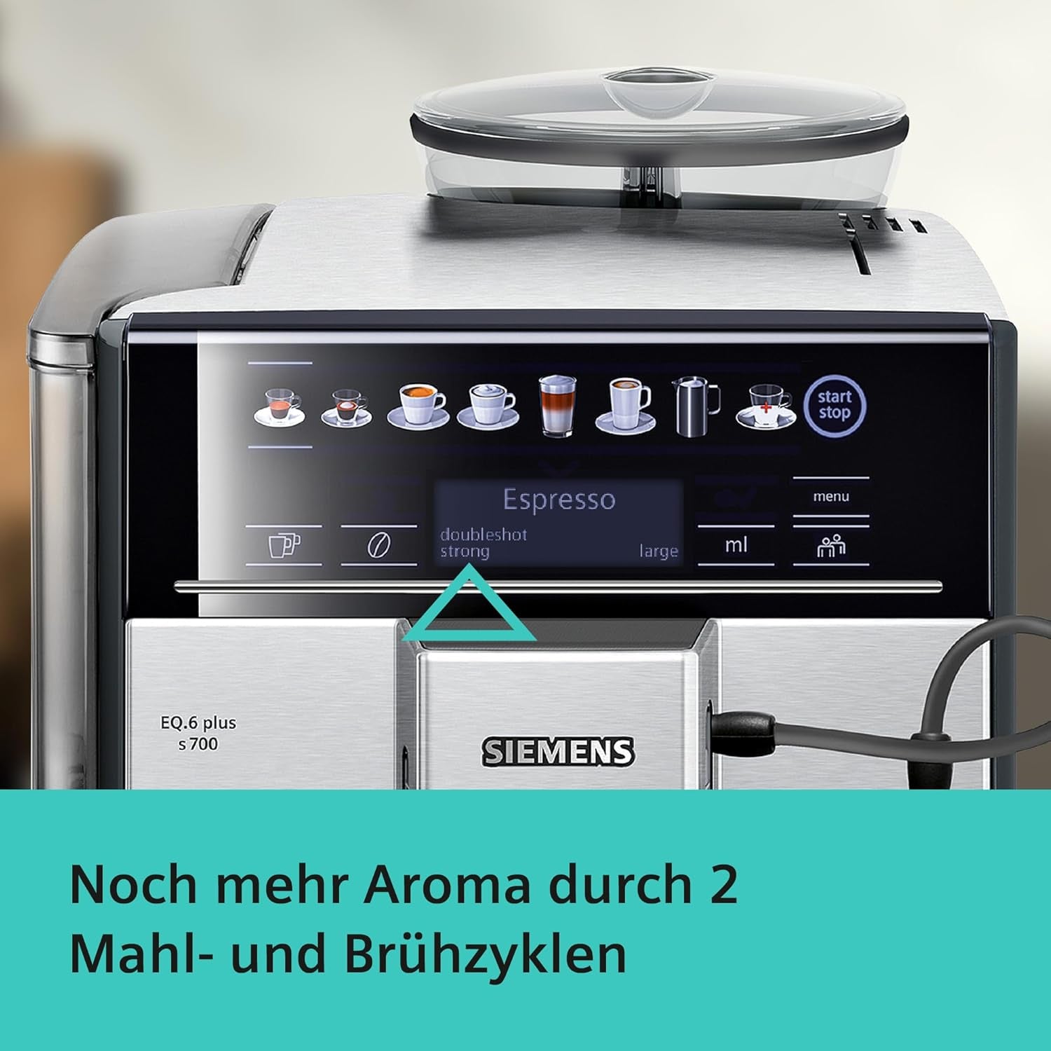 Automatický espresso kávovar Siemens EQ.6 plus s700 TE657503DE, na mnoho kávových specialit, napěňovač mléka, keramický mlýnek, dvojitá funkce kávy, proti vodnímu kameni, automatické čištění párou, 1500 W, nerez