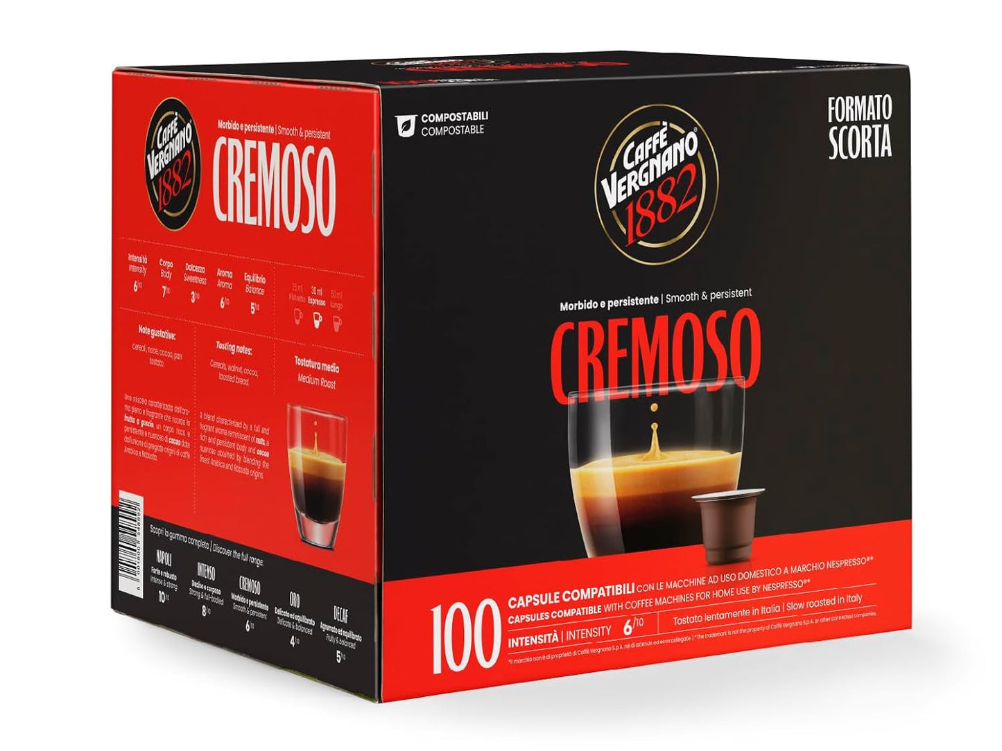 Caffè Vergnano 1882 - Èspresso kompostovatelné kaffeekapseln, kompatibilní s Nespresso, Cremoso (krémové) - Packung Enthält 100 Kapseln