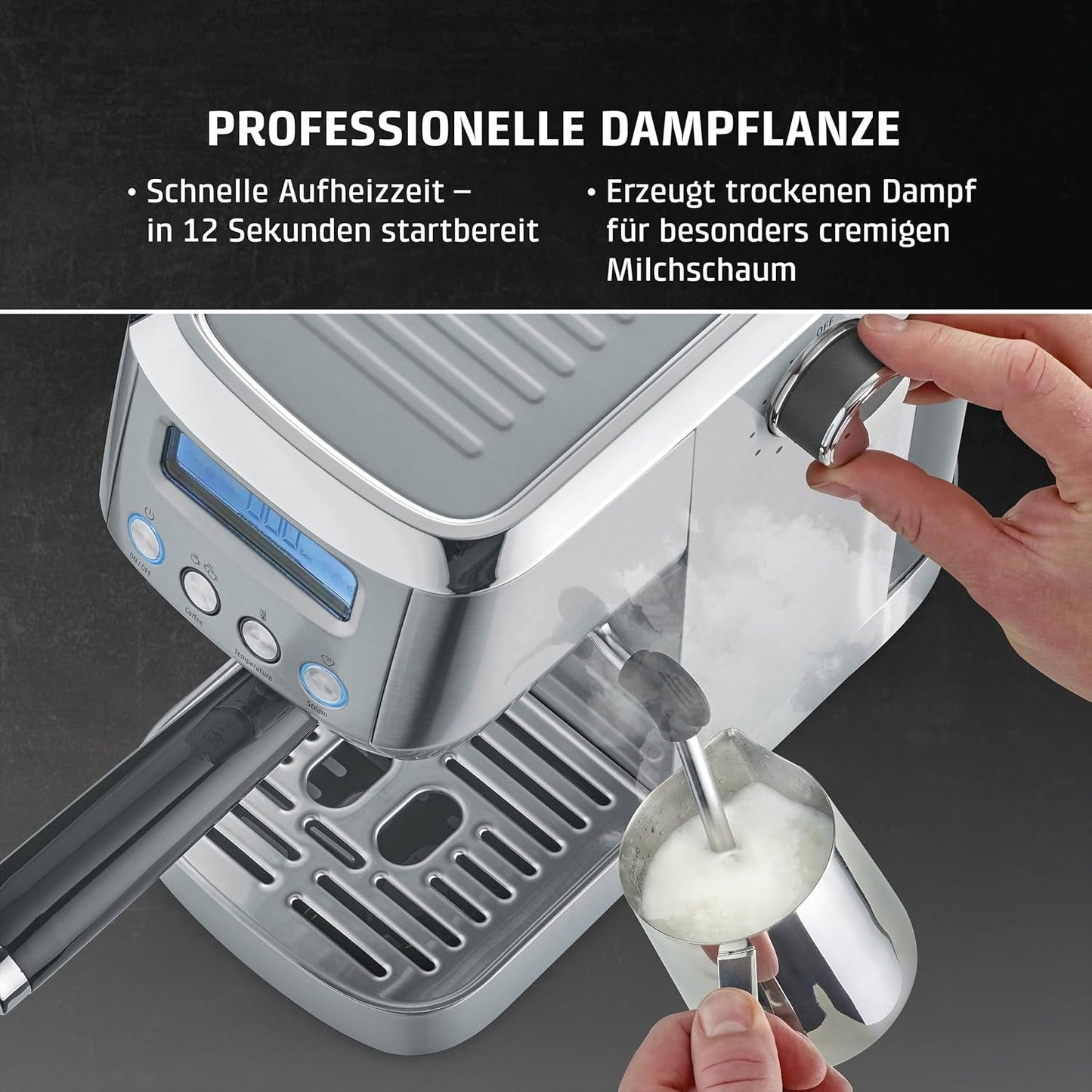 CASO EspressoGourmet Crema - espresso kávovar Portafilter s napěňovačem mléka, espresso, cappuccino, nerezový portafiltr, pumpa ULKA 20 bar, kávovar, mletá káva, kapsle ESE