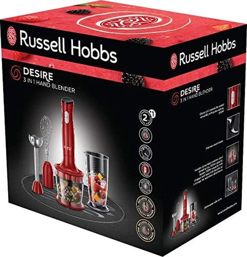 Russell Hobbs Stabmixer [3-v-1: Pürierstab/Zerkleinerer, Mixer- & Schneebesenaufsatz] Desire Rot (Bpa-Free & Spülmaschinenfestes Zubehör, Für Smoothie, Suppen Saucen, Joghurt Babynahrung) 24700-5