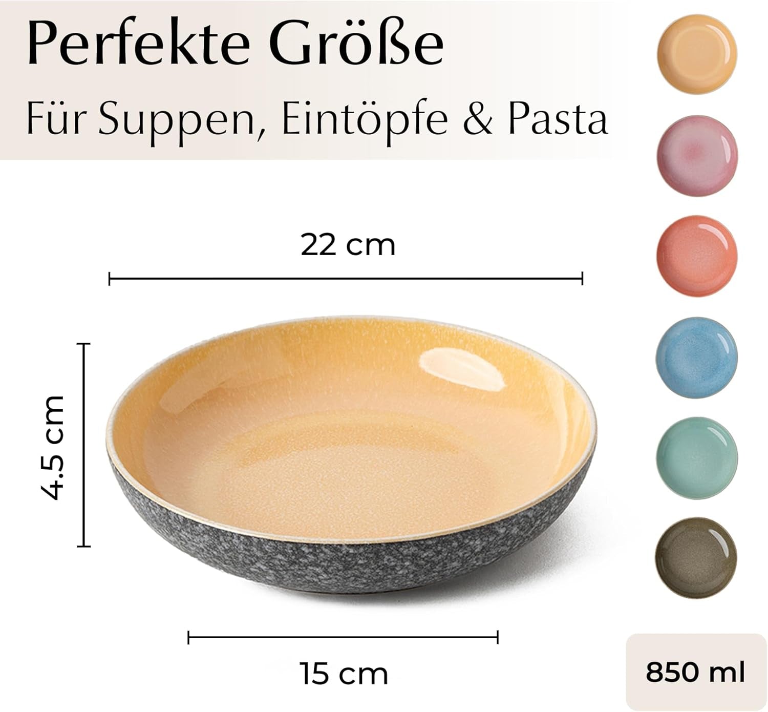 MIAMIO - Jídelní talíře, sada 6 ks (850 ml) / velké a hluboké těstovinové talíře, sada talířů pro 6 ks, keramická miska na salát / vhodné do myčky a mikrovlnné trouby - kolekce Las Palmitas