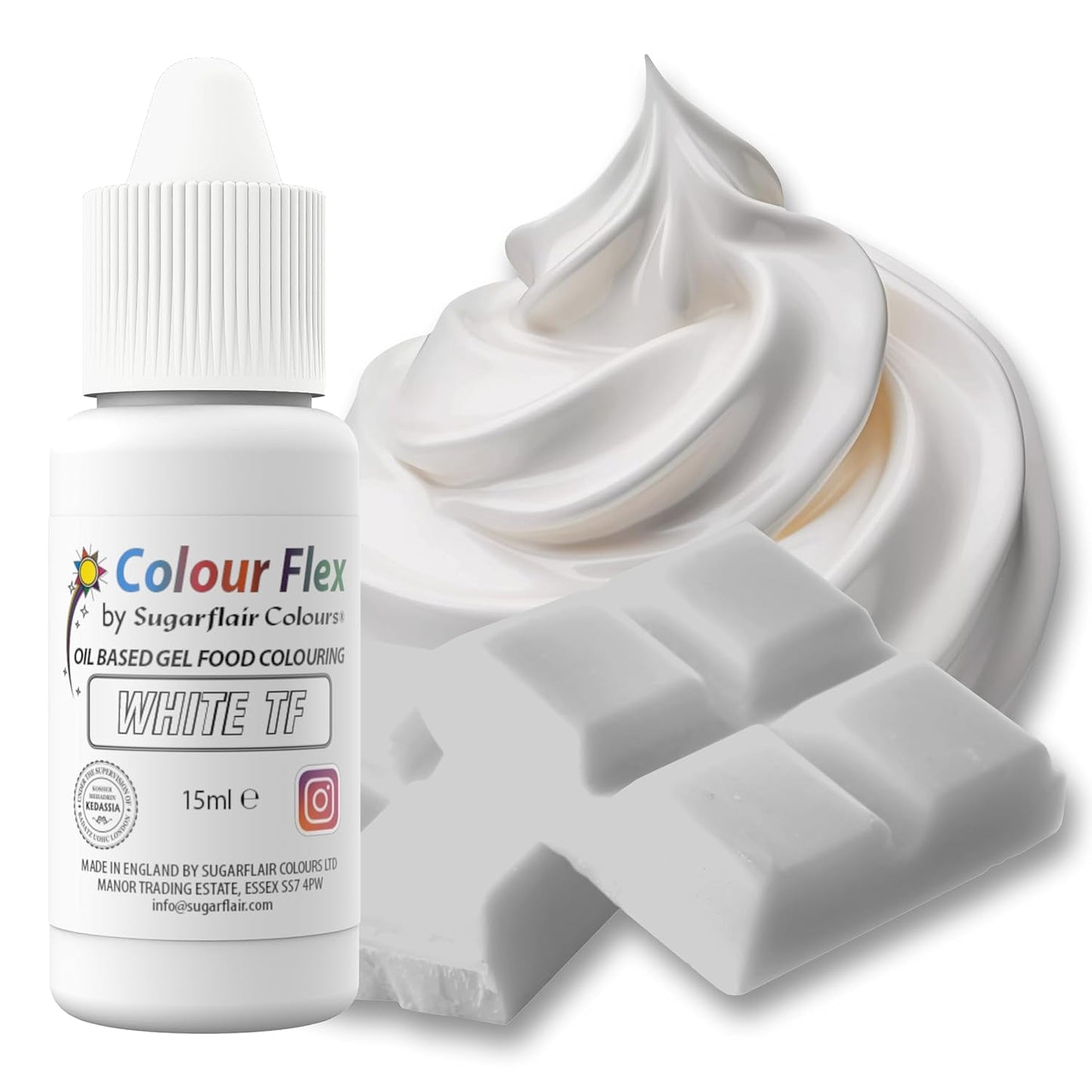 Sugarflair Colourflex bílá potravinářská barva na olejové bázi, vysoce koncentrovaná tekutá potravinářská barva, potravinářská barva pro máslový krém, čokoládu, těsto, fondant, polevu a další – 15 ml