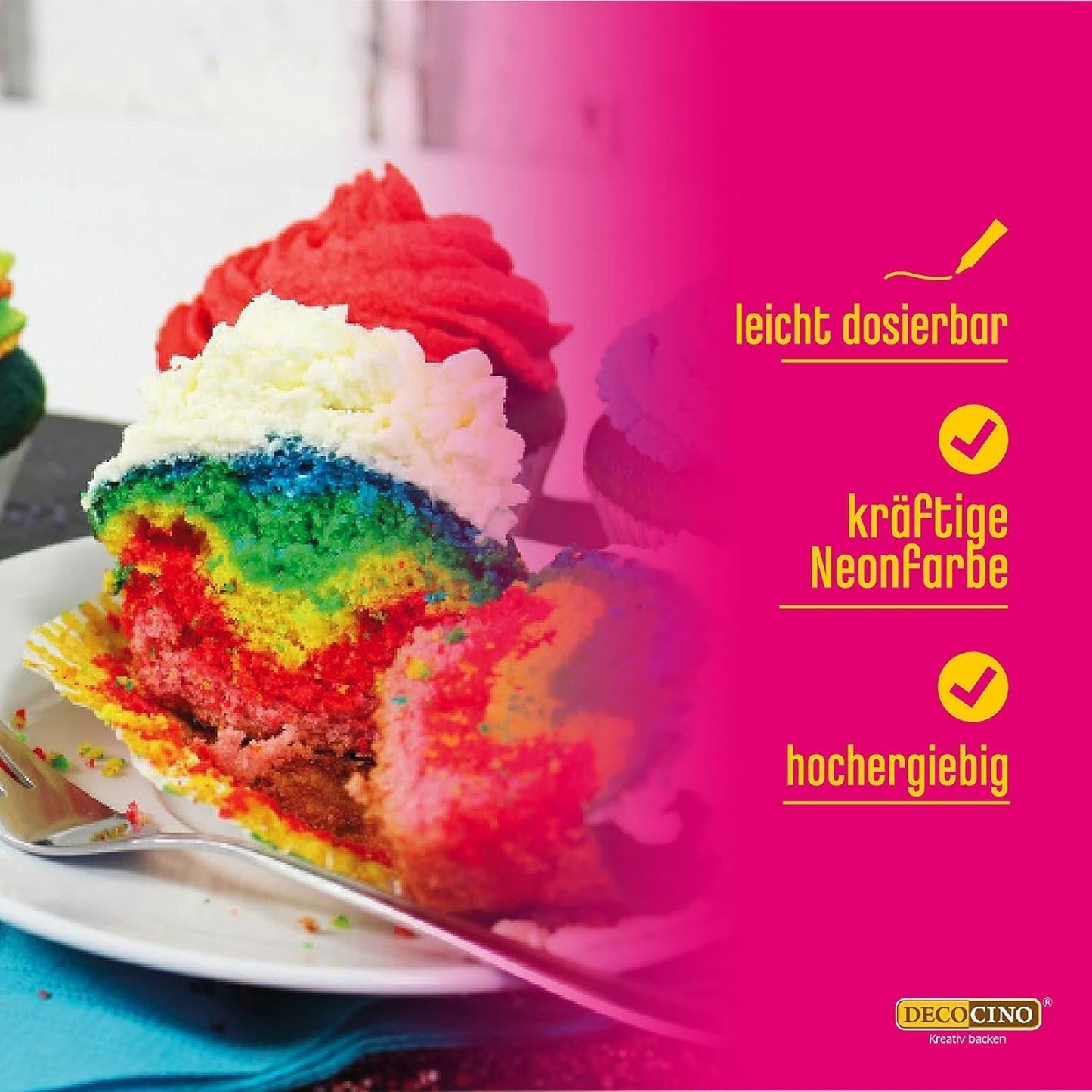 Sada potravinářských barviv Decocino Neon – 3 kusy – červená, růžová, fialová – potravinářské barvivo s vysokou dávkou – na barvení dortů, muffinů, cupcaků – bez chuti