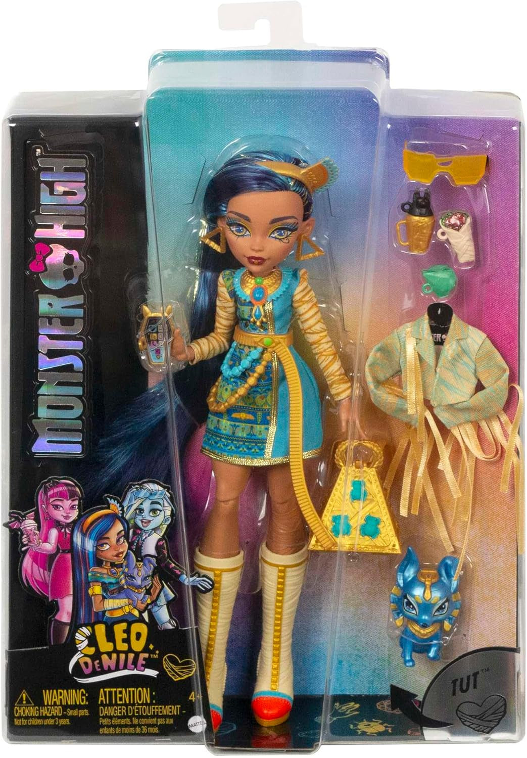 Monster High Cleo de Nile Puppe, Mummie Modepuppe, Königliches Outfit, Killerstiefel, Pyramidenrucksack, Zubehör, pro Kinder ab 4 Jahren, HHK54