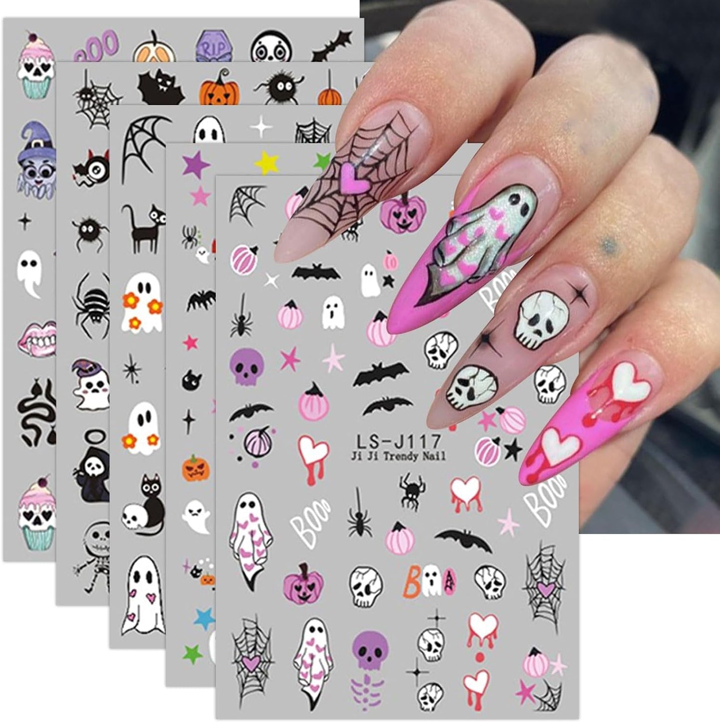 JMEOWIO Nálepka na nehty Halloween Süßer Geisterkürbis 9 Blatt Nálepka na nehty Selbtklebend Nagelaufkleber Dekoration Nageldesign Zubehör