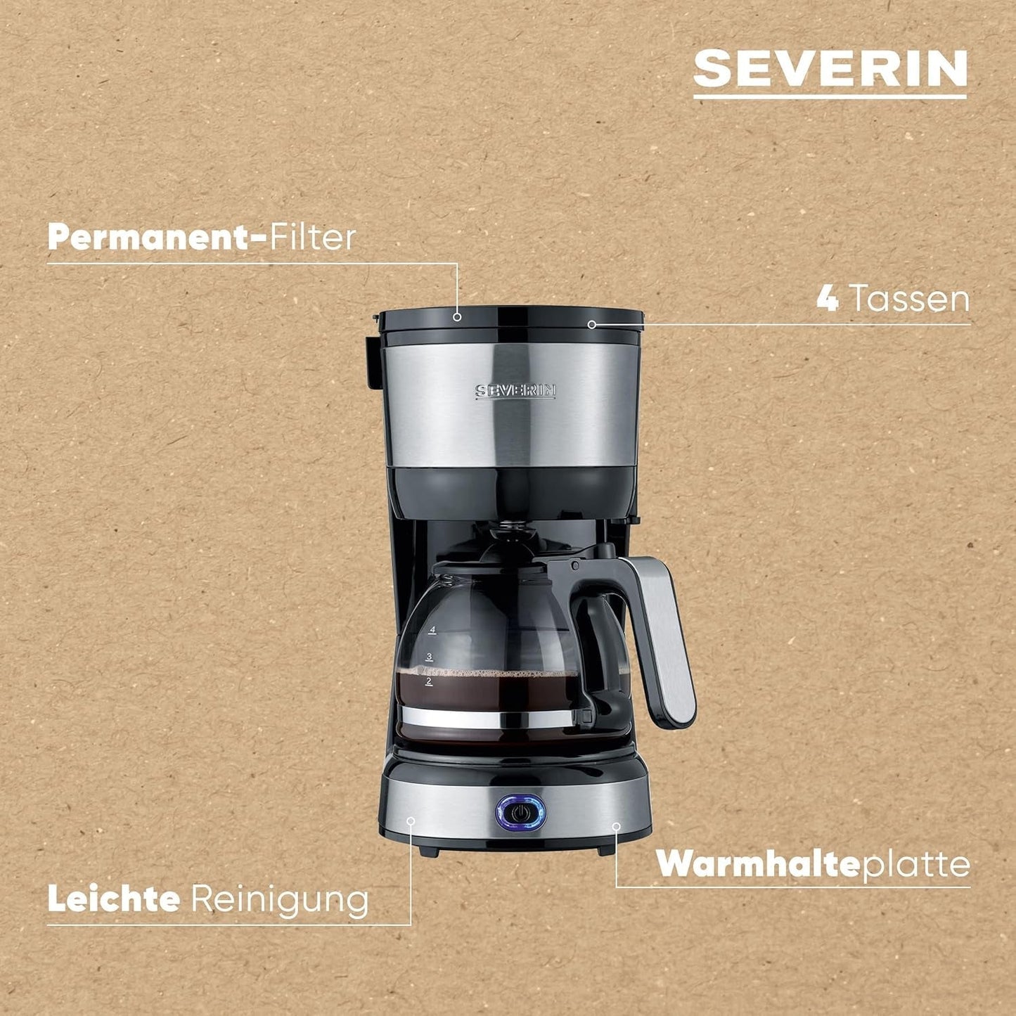 Kompaktní espresso SEVERIN, aromatická káva s kávovarem až na 4 šálky, espresso kávovar s filtrem a permanentně oscilujícím filtrem, nerez/černá, KA 4808