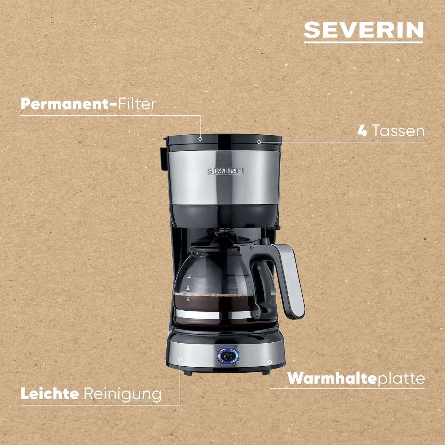 Kompaktní espresso SEVERIN, aromatická káva s kávovarem až na 4 šálky, espresso kávovar s filtrem a permanentně oscilujícím filtrem, nerez/černá, KA 4808