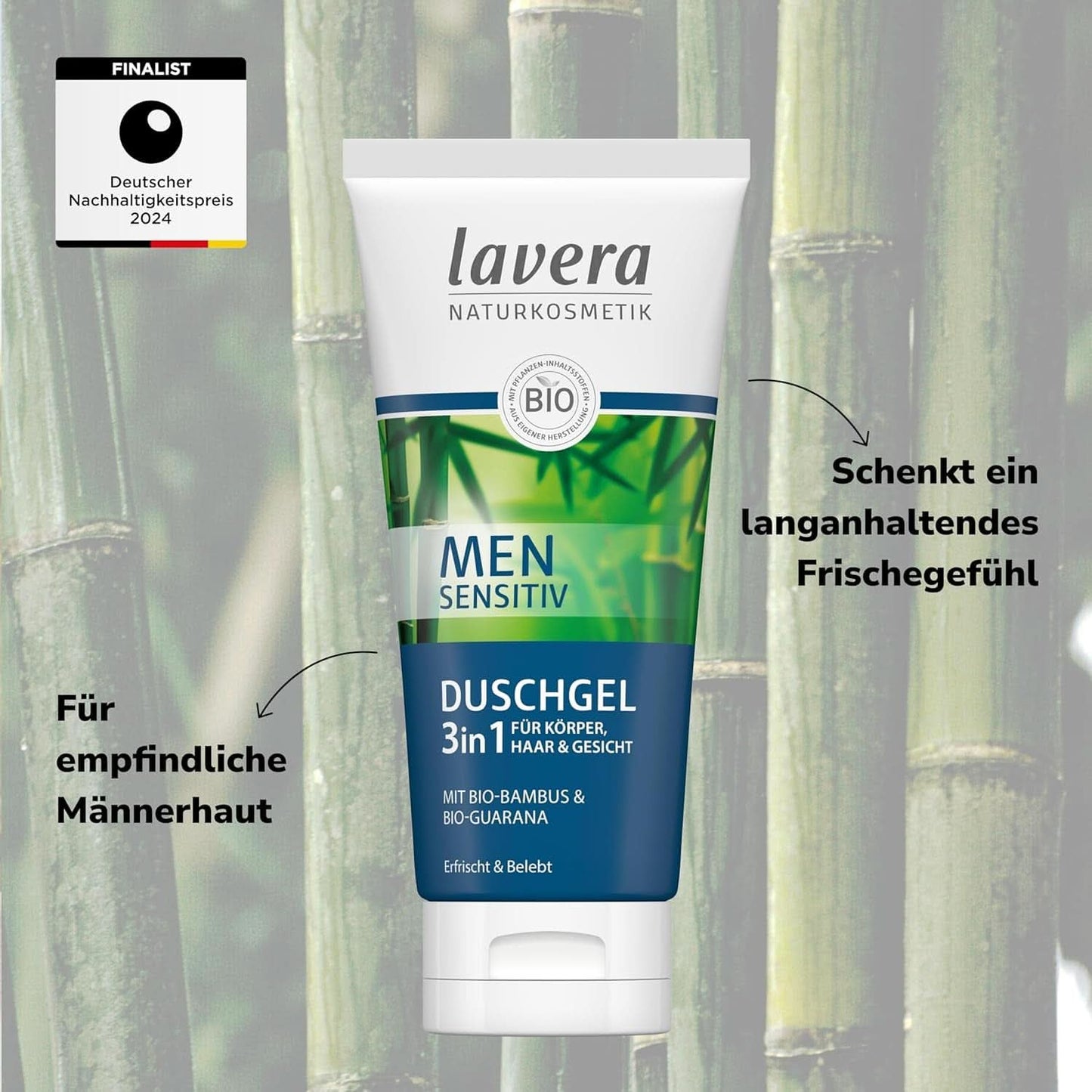 Lavera, Sprchový gel s bio bambusem a guaranou, 3v1, na pokožku, vlasy a obličej, 200 ml Sprcha a koupel Naty Shop