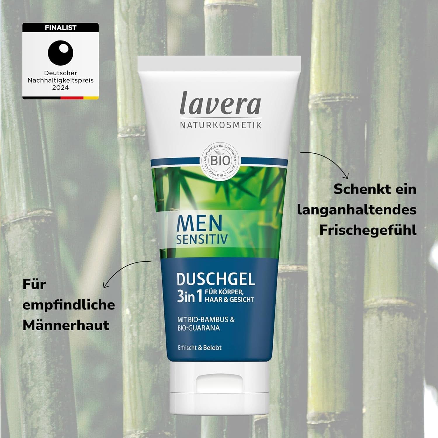 Lavera, Sprchový gel s bio bambusem a guaranou, 3v1, na pokožku, vlasy a obličej, 200 ml Sprcha a koupel Naty Shop