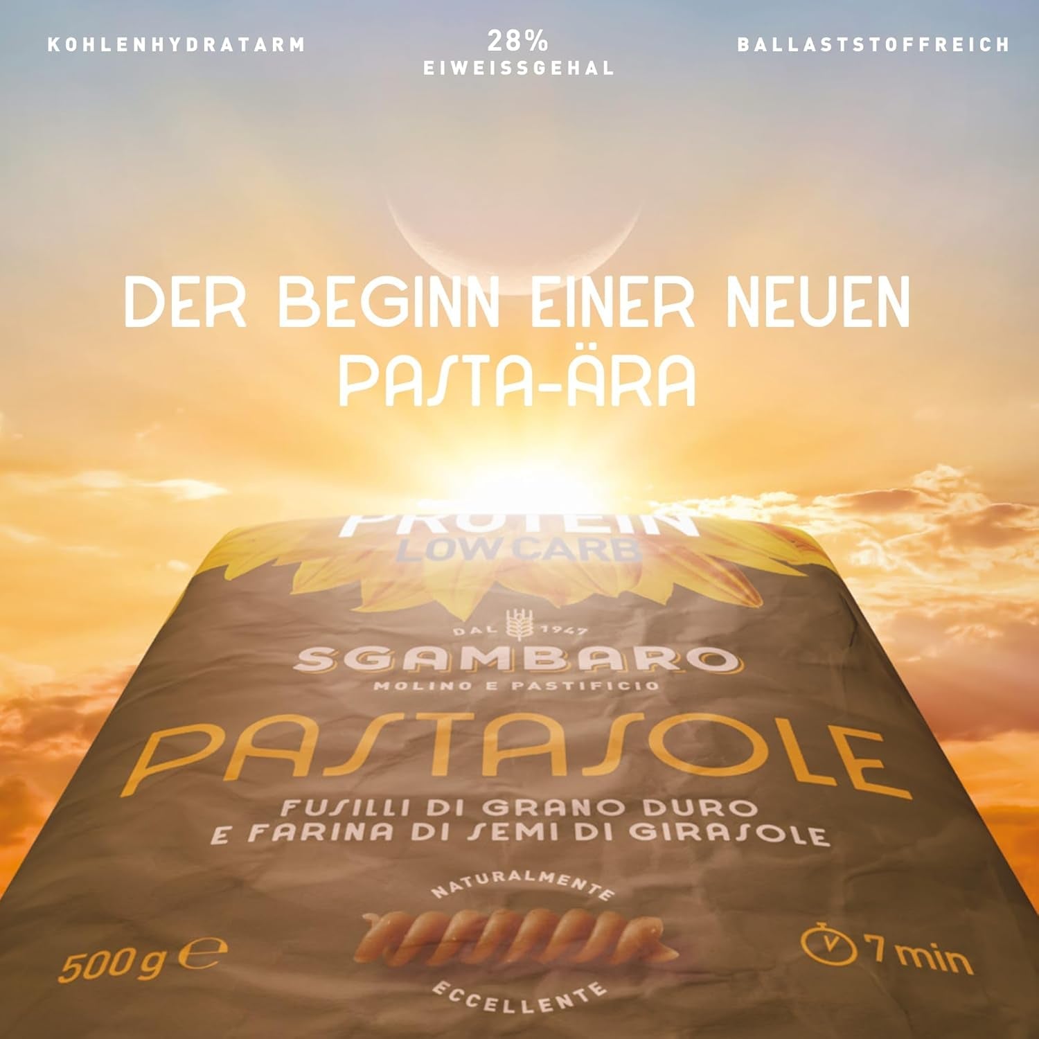 PASTASOLE , Penne Rigate mit Hartweizengrieß aus 100% italienischem Anbau und Sonnenblumenkernmehl - 500 g - vysoký obsah bílkovin, nízký obsah sacharidů, vysoký balastní materiál
