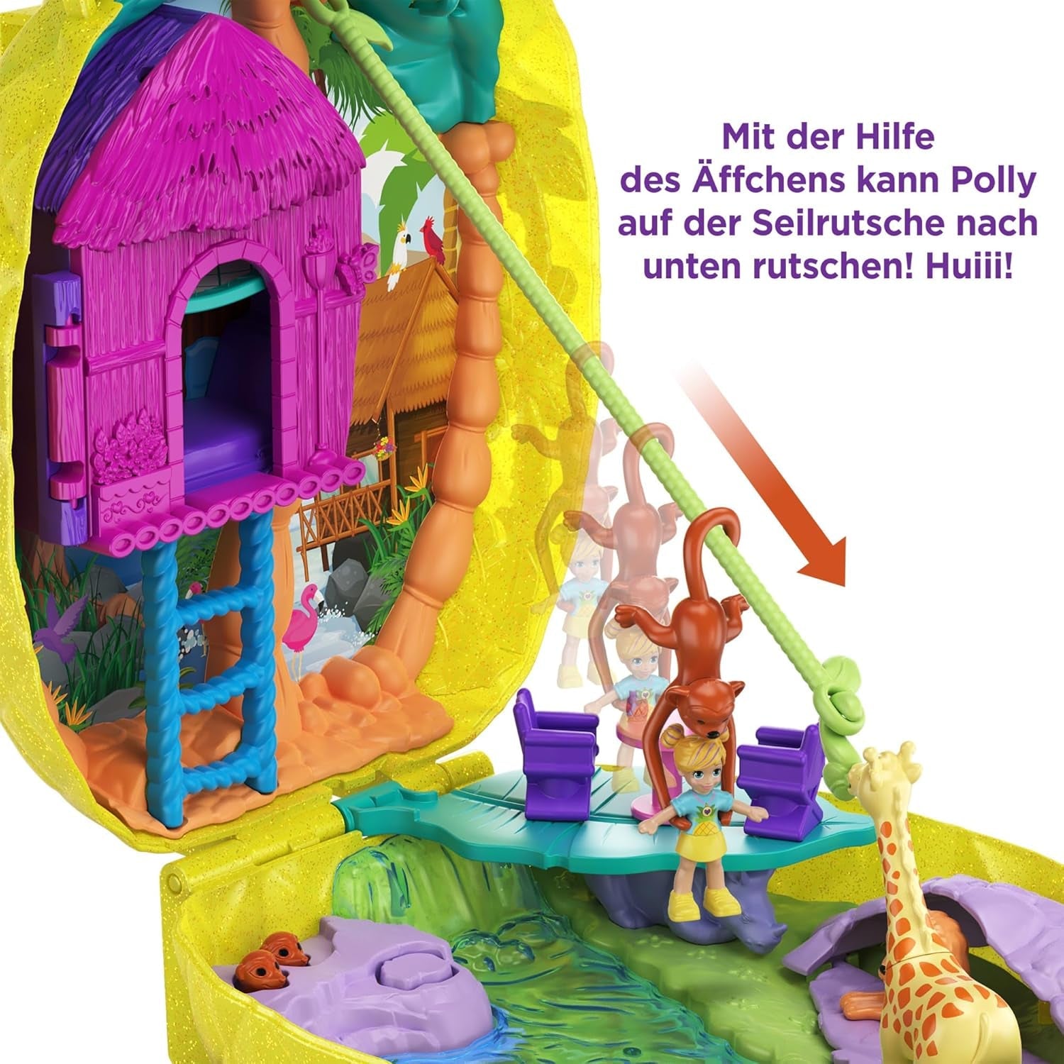Polly Pocket GKJ64 - Přenosná kapsa na ananas Kompakt s 8 zábavnými funkcemi, panenky Polly a Lila, 2 doplňky a arch se samolepkami; hračka pro děti od 4 let