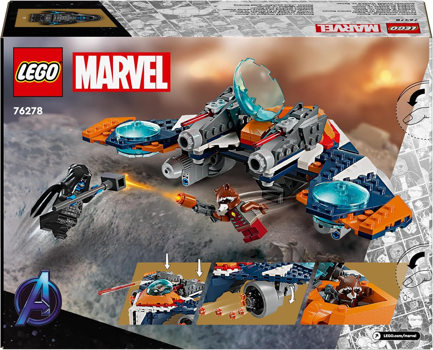 LEGO Marvel Rockets Spaceship vs. Ronan sestavitelná sada vesmírné lodi Guardians of the Galaxy Postava superhrdiny Dárek pro chlapce a dívky 8 let 76278 Stavebnice Besuche den LEGO-Store