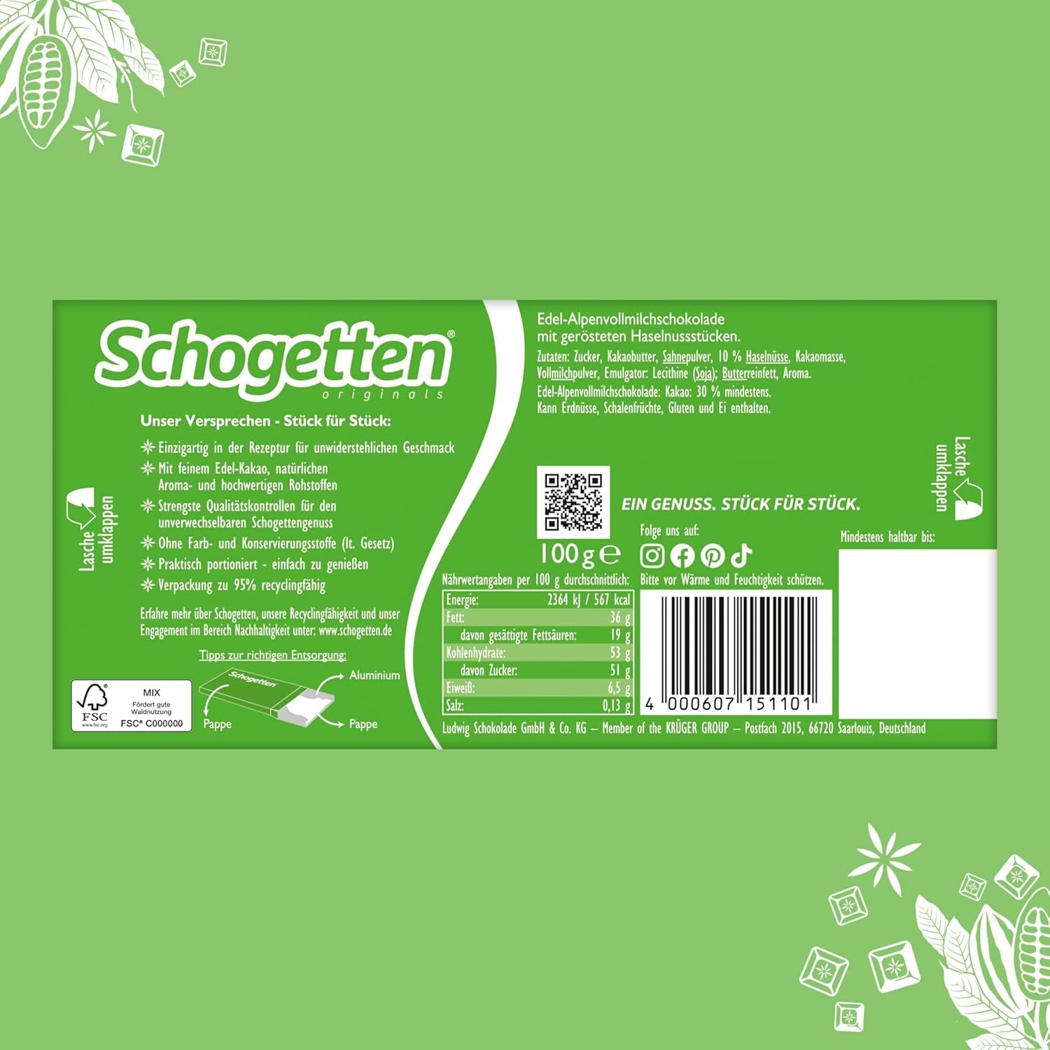 Schogetten Premium alpská mléčná čokoláda s lískovými oříšky, 100g čokoládová tyčinka, jednotlivě porcovaná. Potěšení. Kousek po kousku.