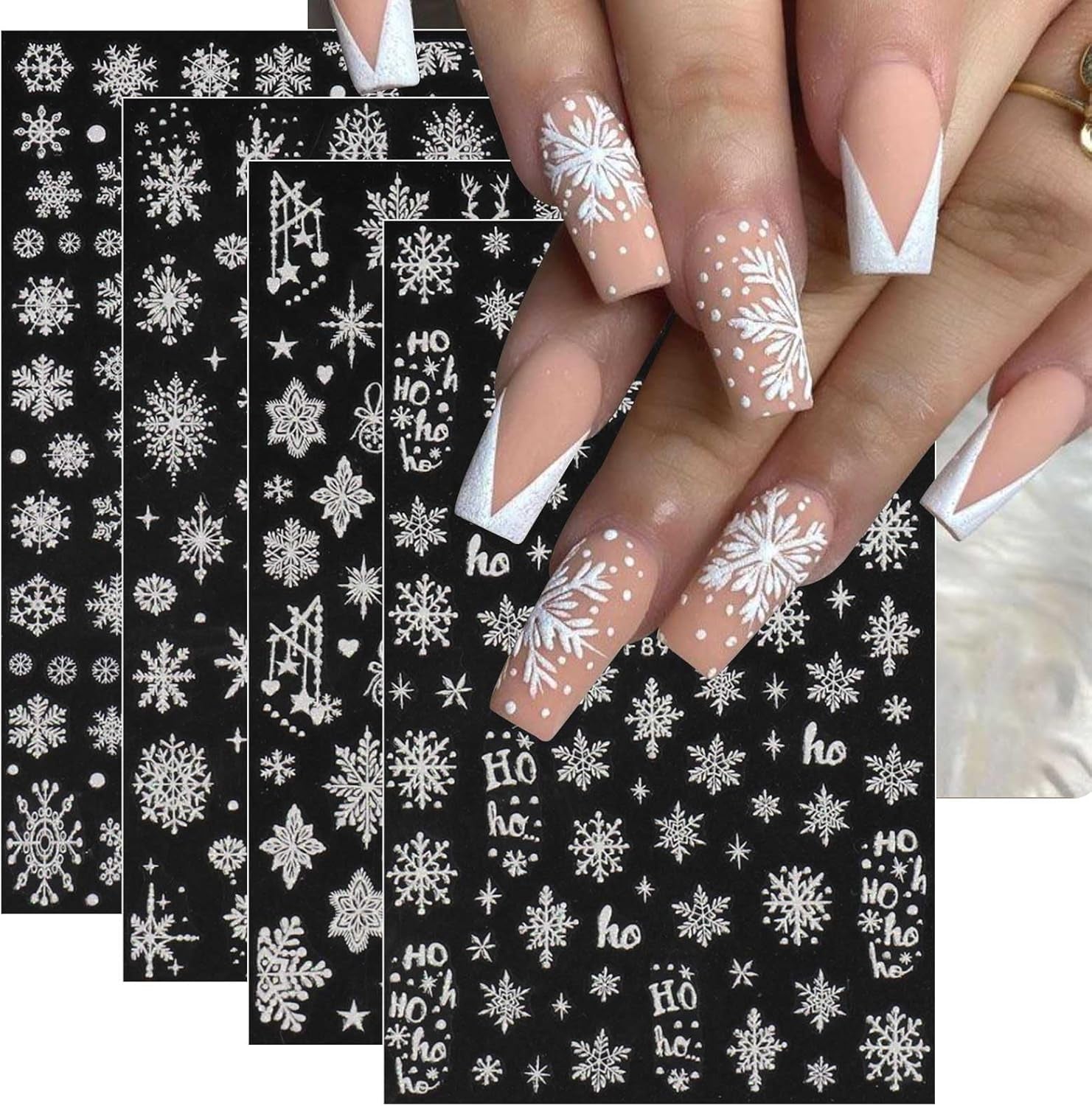 JMEOWIO Nálepka na nehty Weihnachten Weiß Glitter 8 Blatt Nálepka na nehty Selbtklebend Nagelaufkleber Schneeflocke Zimní dovolená Dekorace Nageldesign Zubehör