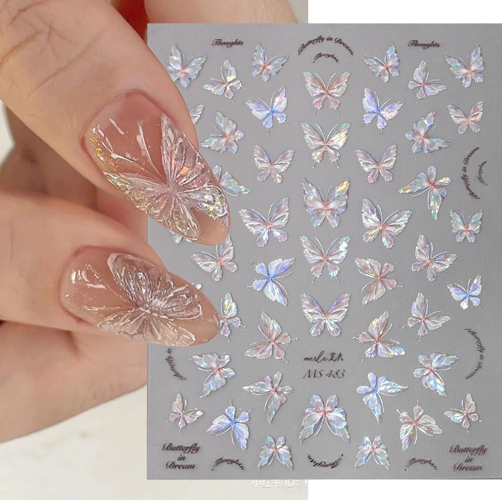 Glänzend Aurora Shell Schmetterling Nálepka na nehty Selbstklebend,Erleichterung Schmetterlinge Nálepka na nehty Rosa Laser Schmetterling Nagelaufkleber Für Frauen Nageldesign Zubehör Nagel Zubehör Nail Art