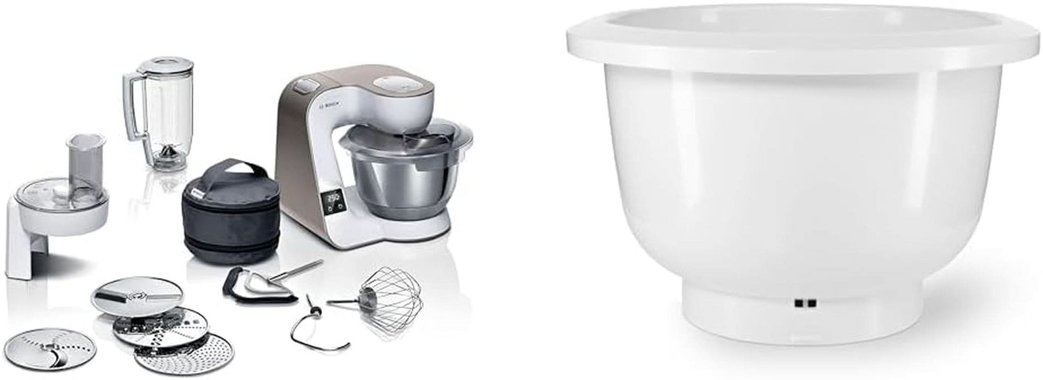 Kuchyňský robot Bosch Series 4 MUM5X720, integrovaná váha, nerezová mísa 3,9L, mixér 1,25L, 1000W Příslušenství Jídlo a kojení Baby Naty Shop Balení s mixovací nádobou Champagne White 2 příslušenství