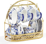 Porcelánová čajová souprava Fanquare Modrý květ s kovovým stojanem Vintage porcelánový šálek na kávu a podšálek Anglická kávová souprava pro dospělé