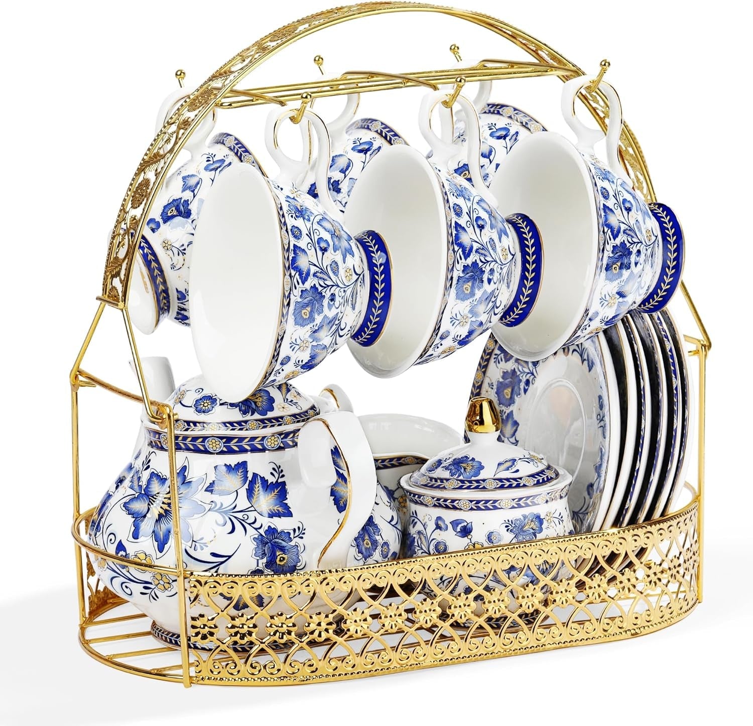 Porcelánová čajová souprava Fanquare Modrý květ s kovovým stojanem Vintage porcelánový šálek na kávu a podšálek Anglická kávová souprava pro dospělé