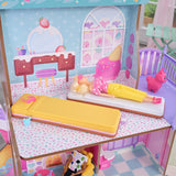 Dřevěný domeček pro panenky KidKraft Candy Castle s nábytkem a doplňky, domeček pro lamu jednorožce, elevátor zmrzlinového kužele a židlička gumového medvídka pro panenky, hračka pro děti od 3 let, 20242
