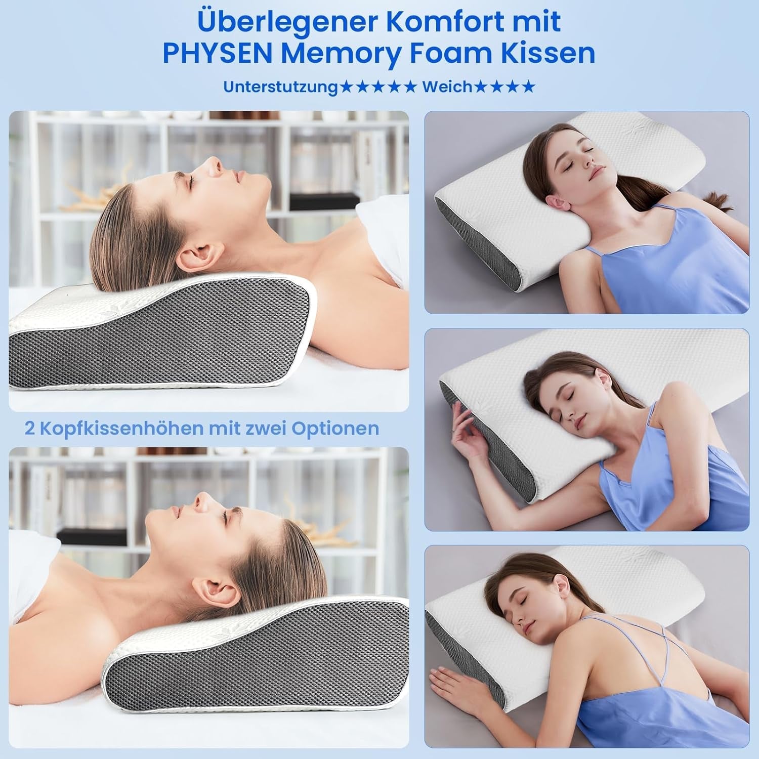 PHYSEN Ortopedický polštář na krk, polštář na podporu krku, polštář z paměťové pěny, ergonomický polštář proti bolesti krku Polštář na spaní proti chrápání na boky, záda a břicho (62 * 34 * 11 6,5 cm) Krční ortopedické polštáře Naty Shop