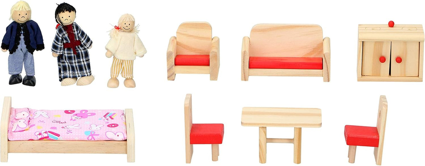 Loutky Wooden Toys - Dřevěný domeček pro panenky s nábytkem a panenkami - 11 kusů Domky pro panenky Naty Shop