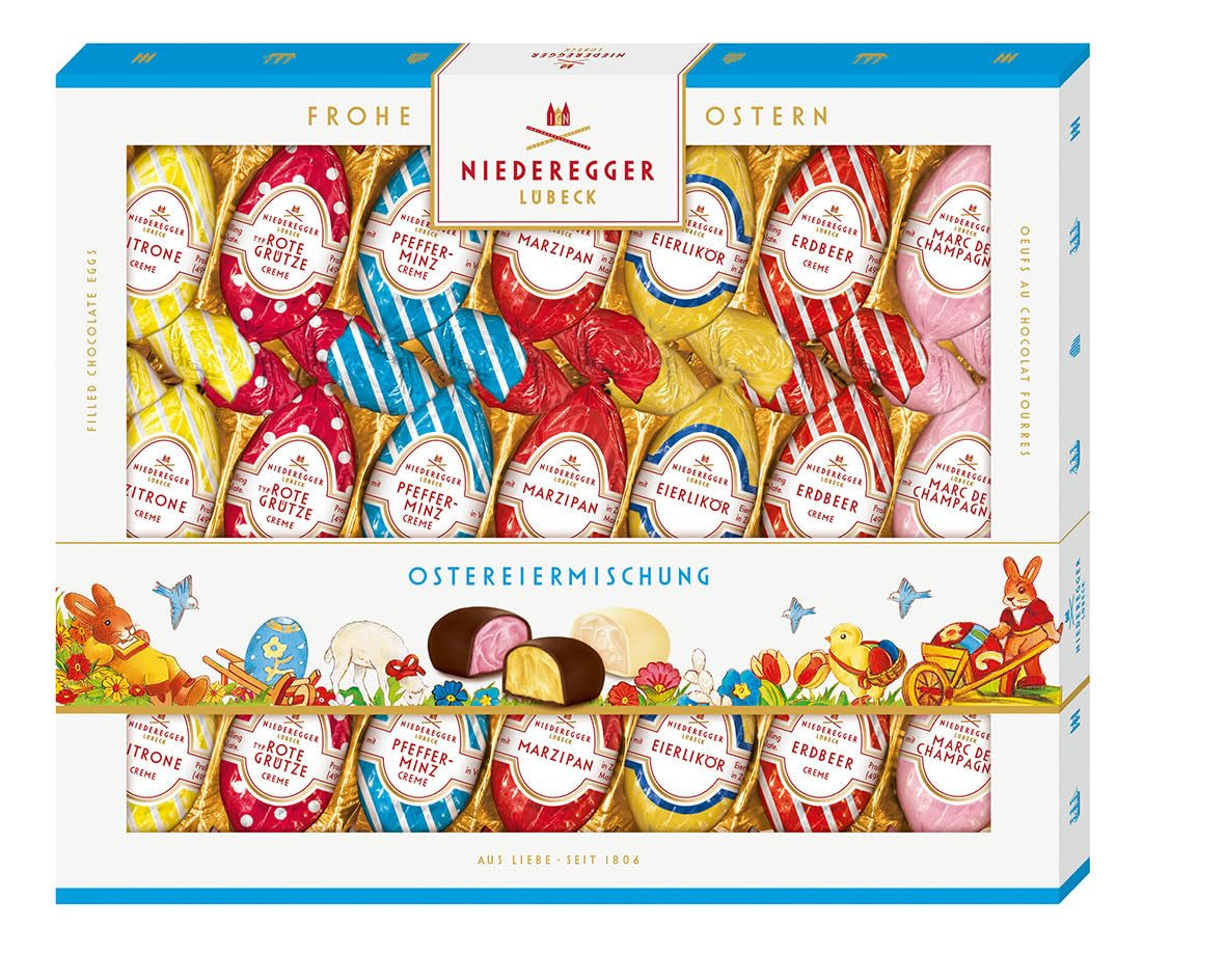 Niederegger | Mix velikonočních vajíček | 1 x 262 g | Velikonoční vajíčka s různými marcipánovými a pralinkovými náplněmi | Polévaný hořkou a bílou čokoládou | velikonoční dárek