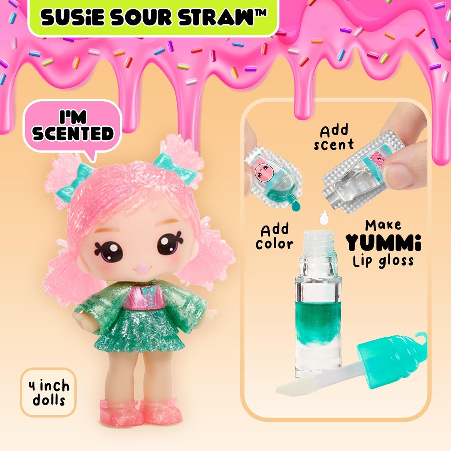 Panenka Yummiland Lesk na rty - Susie Sour Straw - Obsahuje sadu lesku na rty pro vlastní potřebu, Vhodné pro věk 4+, Series 2