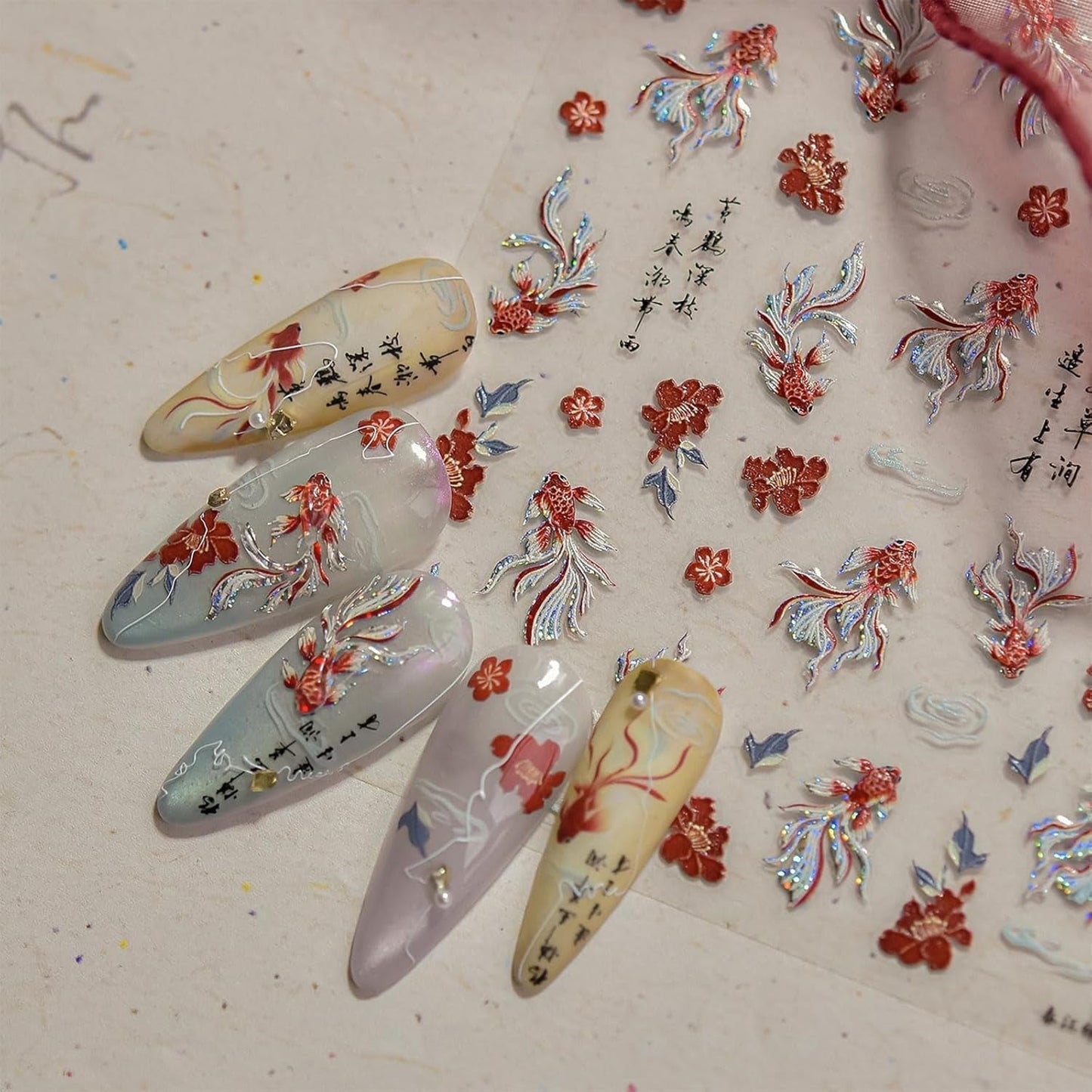 JMEOWIO 3D Nálepka na nehty Koi Fisch Nálepka na nehty Selbstklebend Nagelaufkleber 5D Stereoskopická dekorace Nageldesign Zubehör 1 Blatt