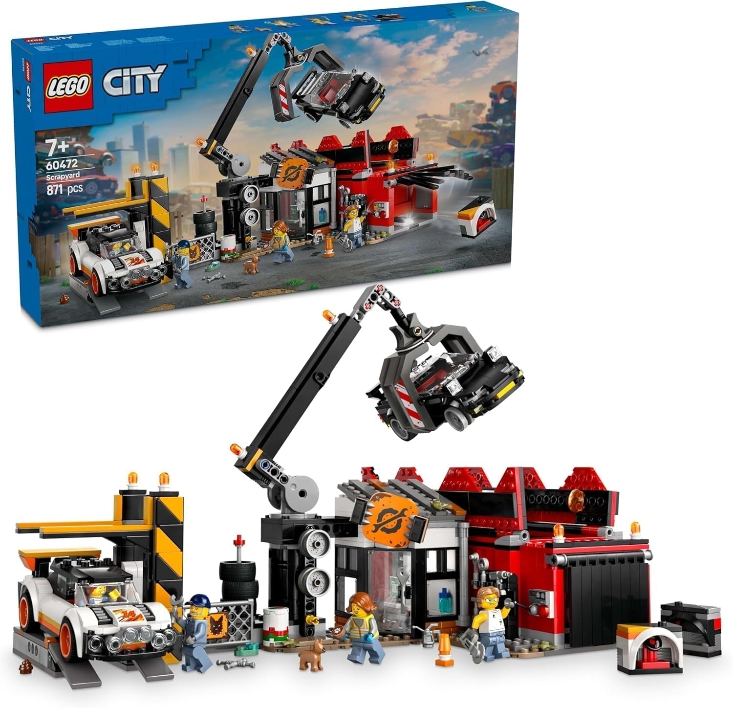 LEGO City vrakoviště s auty - hračka s lisem na šrot a jeřábem, 2 autíčka, 4 minifigurky dělníků a kancelářská budova - dárky k narozeninám pro chlapce a dívky od 8 let 60472 Stavebnice Beuche den LEGO-Store Výchozí název