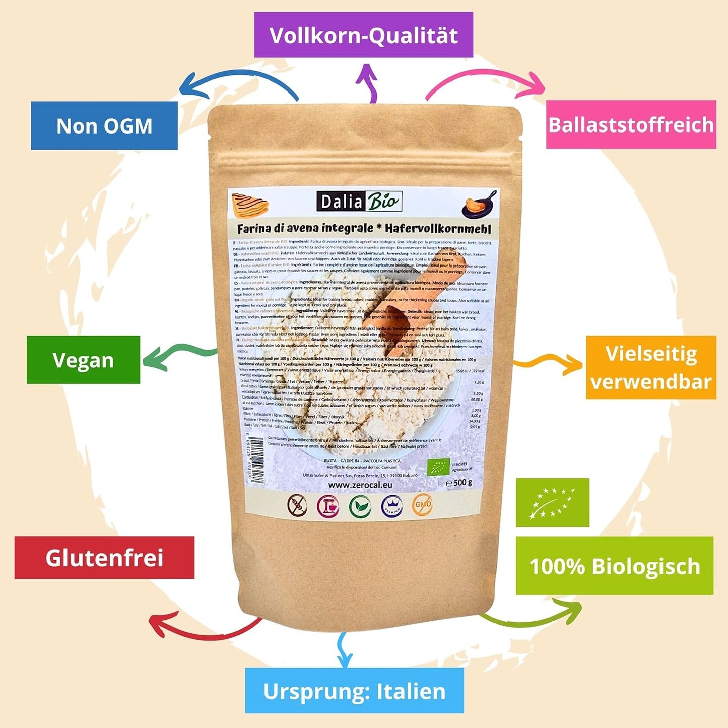 Dalia - BIO celozrnná ovesná mouka 500g | Bez lepku | Bohaté na vlákninu a bílkoviny Původ: Itálie | Na chléb, koláče, kaše a fitness recepty | Prémiová kvalita