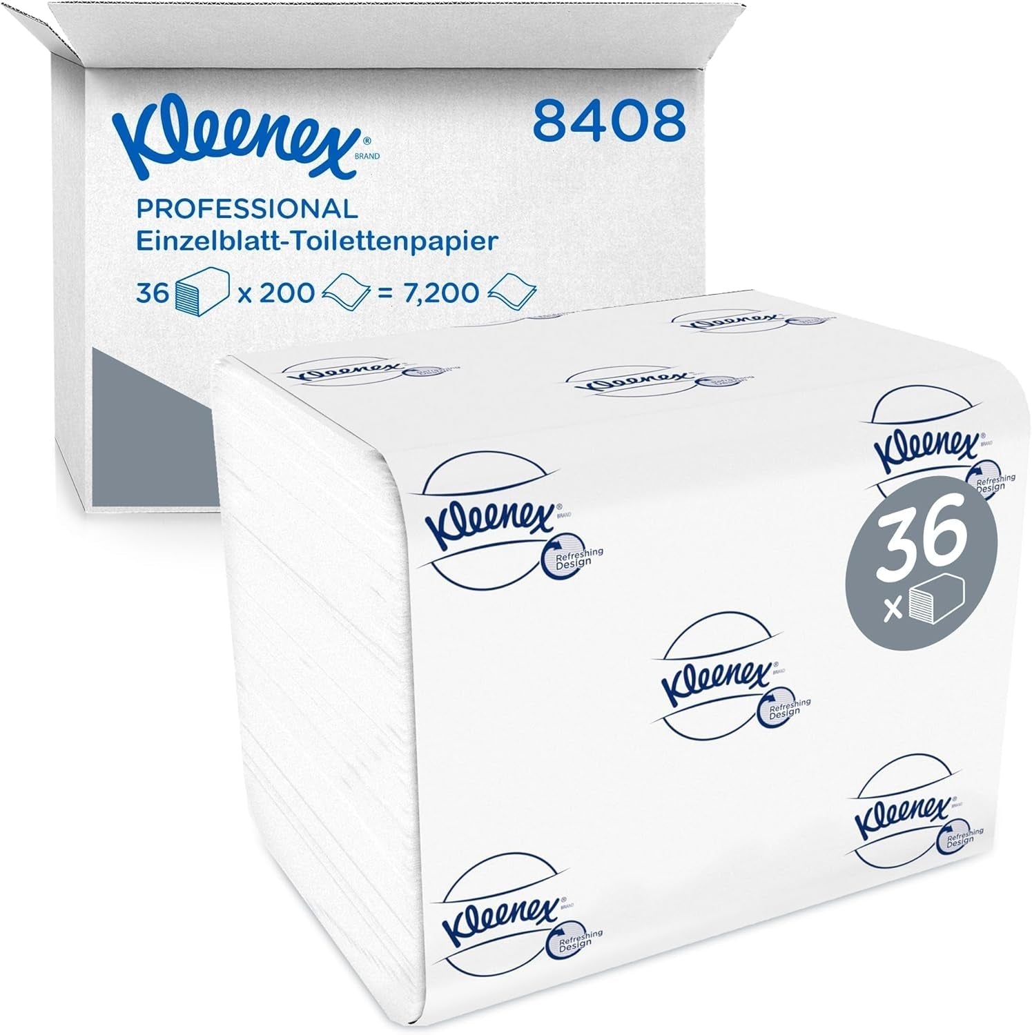 Jednolistový toaletní papír Kleenex 8408, dvouvrstvý toaletní papír ve velkých baleních, vyrobený z papíru s certifikací Fsc, 36 balení X 200 listů (7 200 listů)
