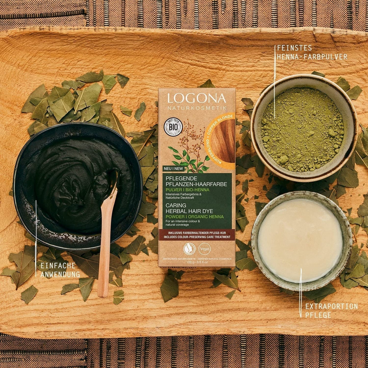 Přírodní kosmetika LOGONA bylinná vyživující barva na vlasy, organická henna prášková veganská barva na vlasy pro intenzivní barvu a lesk, bylinná barva na vlasy v měděné blond (blond), 1 x 100 g Naty Shop barva na vlasy