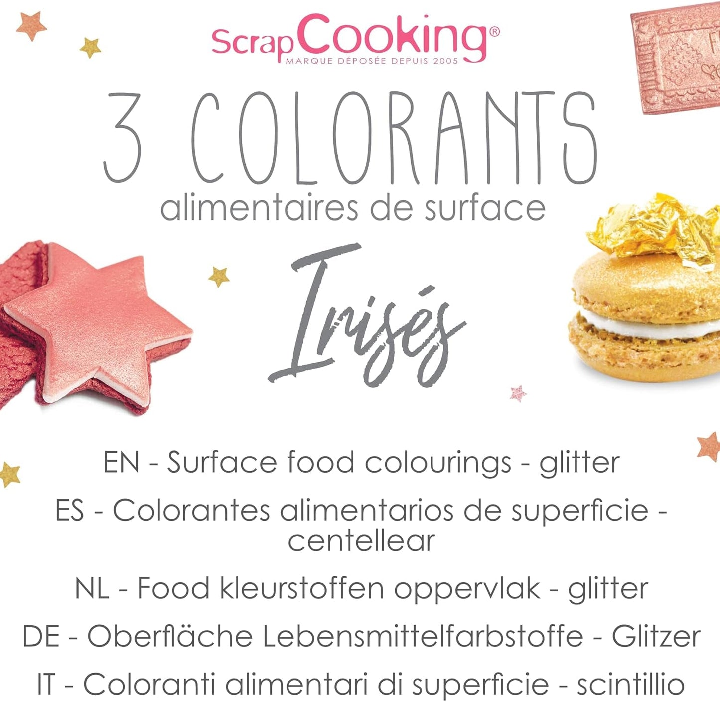 Scrapcooking - Sada 3 kovových potravinářských barviv - Potravinářské barvivo: zlaté, růžové zlato a rubínové - Jedlé potravinářské barvivo na pečení, dorty, sušenky, dorty, čokoláda - 4019
