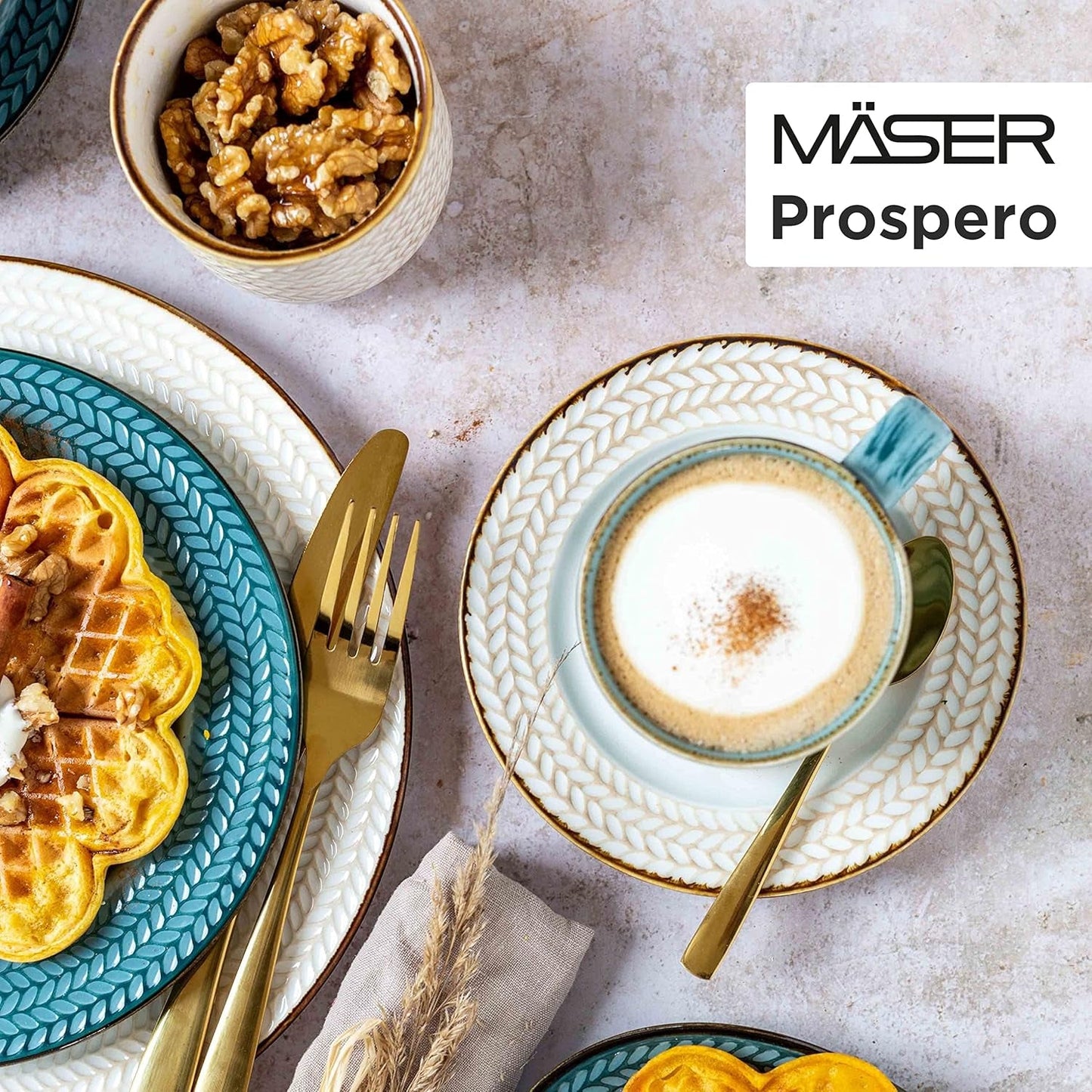 Kávový set Prospero Premium pro 4 osoby, kvalita restaurace, 12dílný moderní kávový servis v jedinečném stylu vintage, odolný porcelán, modrá